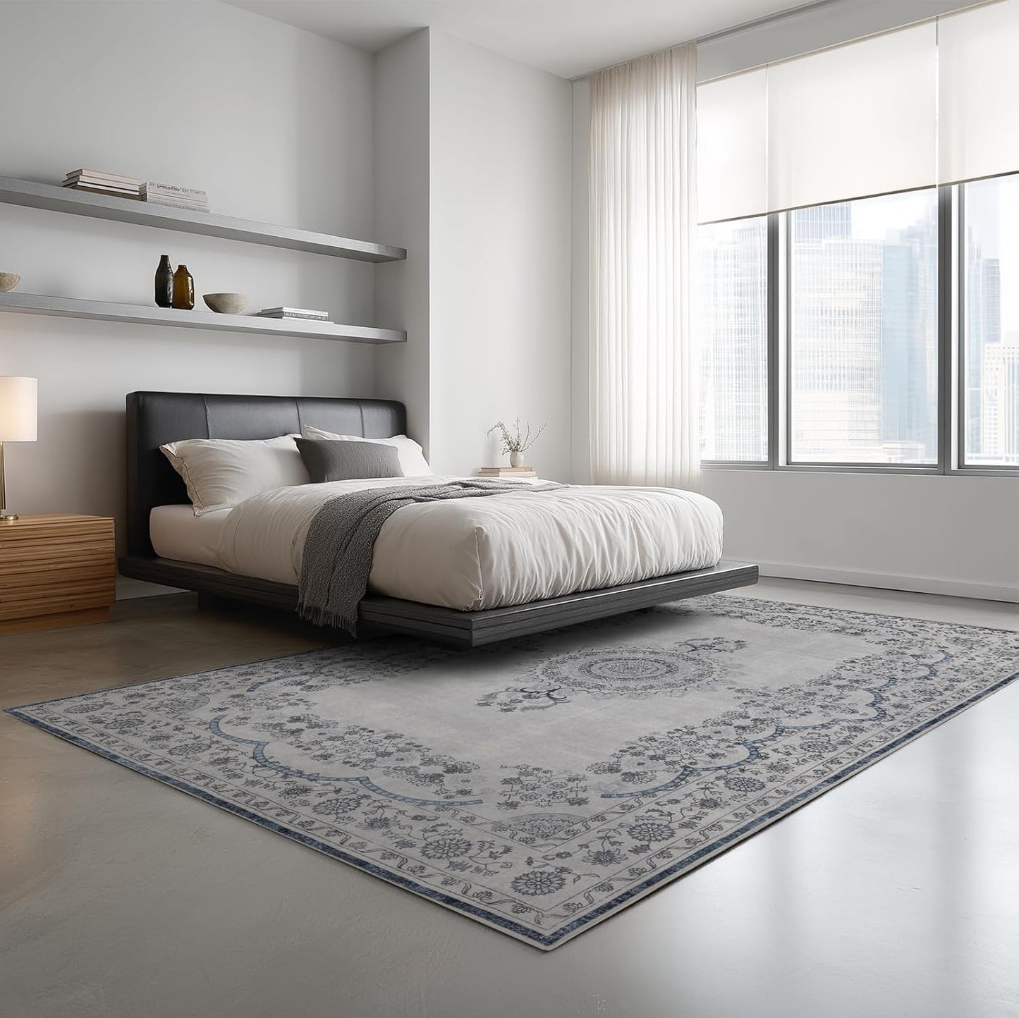 9x12 Area Rug Living Room Rugs, Stain Resistant Washable Rug, Vintage Large Non-Slip Backing, Low Pile Lightweight Print Rug for Bedroom Dinning Room Home Office (Grey/Blue)