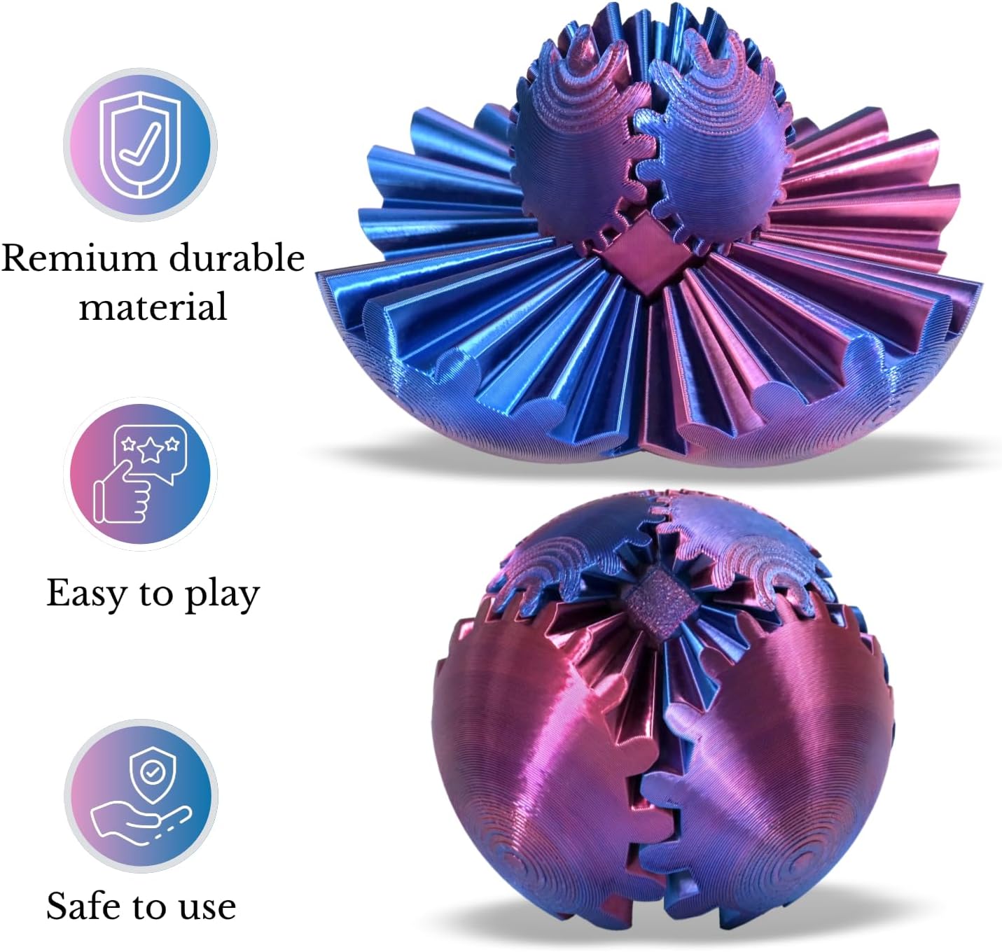 3D Printed Gear Ball, Gear Sphere Fidget Toy Stress Relif Toy for ADHD, Anxiety Relaxing Toy for Adults at Work/Study/Travel, Blue-Purple