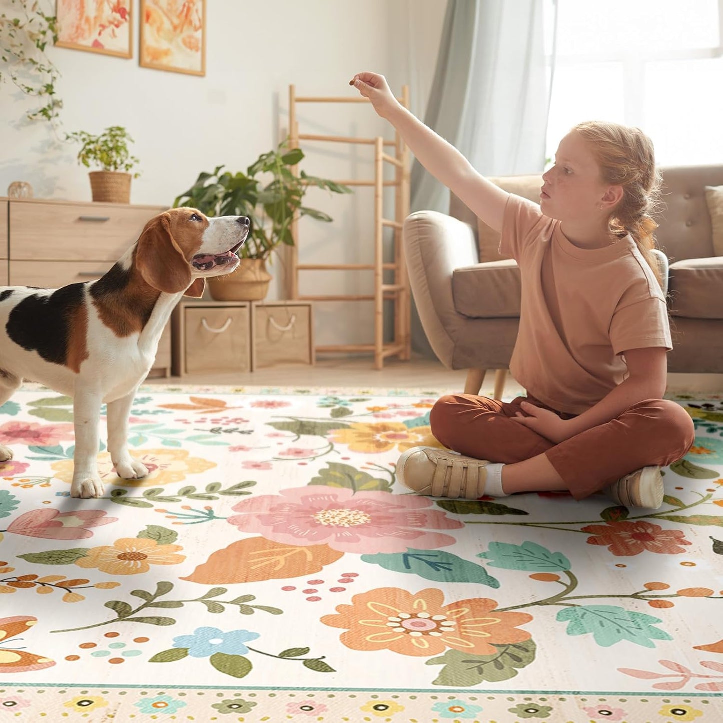 Floral 9x12 Area Rug Machine Washable Soft Print Boho Carpet Non Slip Doormat Low Pile Flower Area Rugs for Living Room Bedroom Nursery Kitchen Dining Room Indoor-Beige/White/Orange