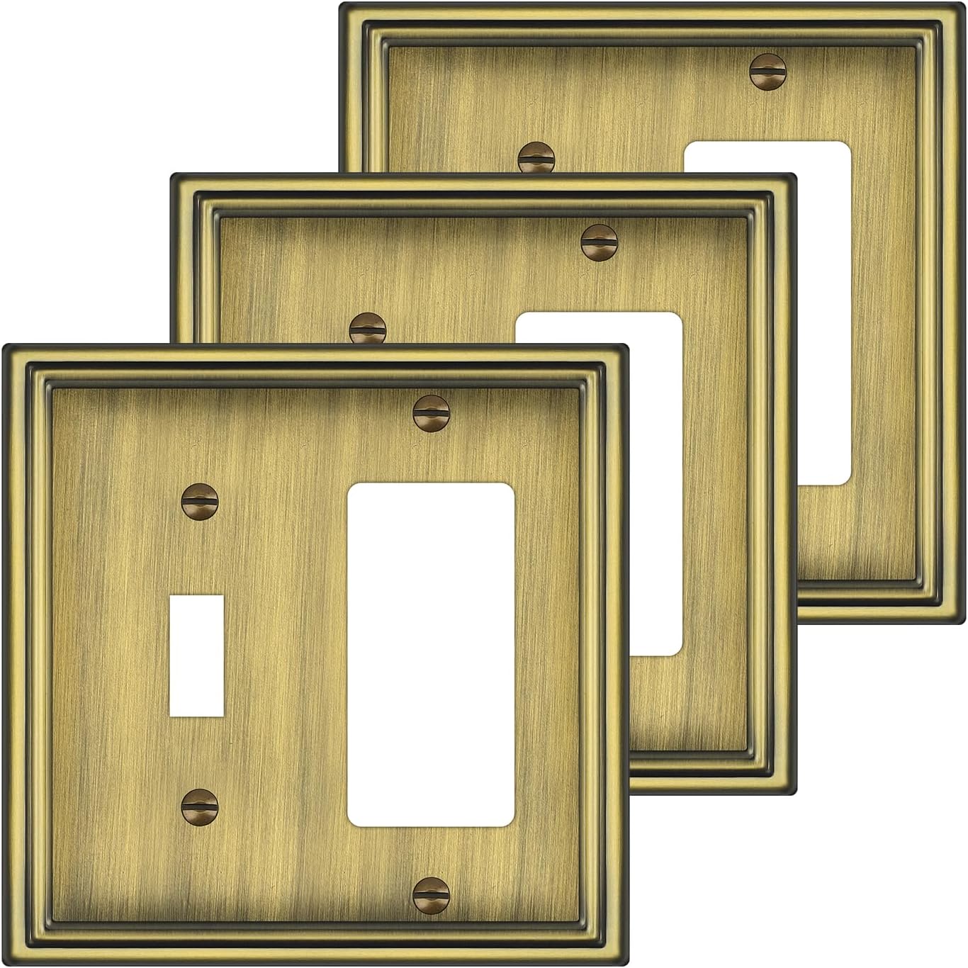 Combination Metal Light Switch Covers Wall Plate, 1 Toggle/1 Decorator Switch Plate Outlet Covers Antique Brass Decorative 2 Gang Wall Plate - Classic Style, 3 Pack
