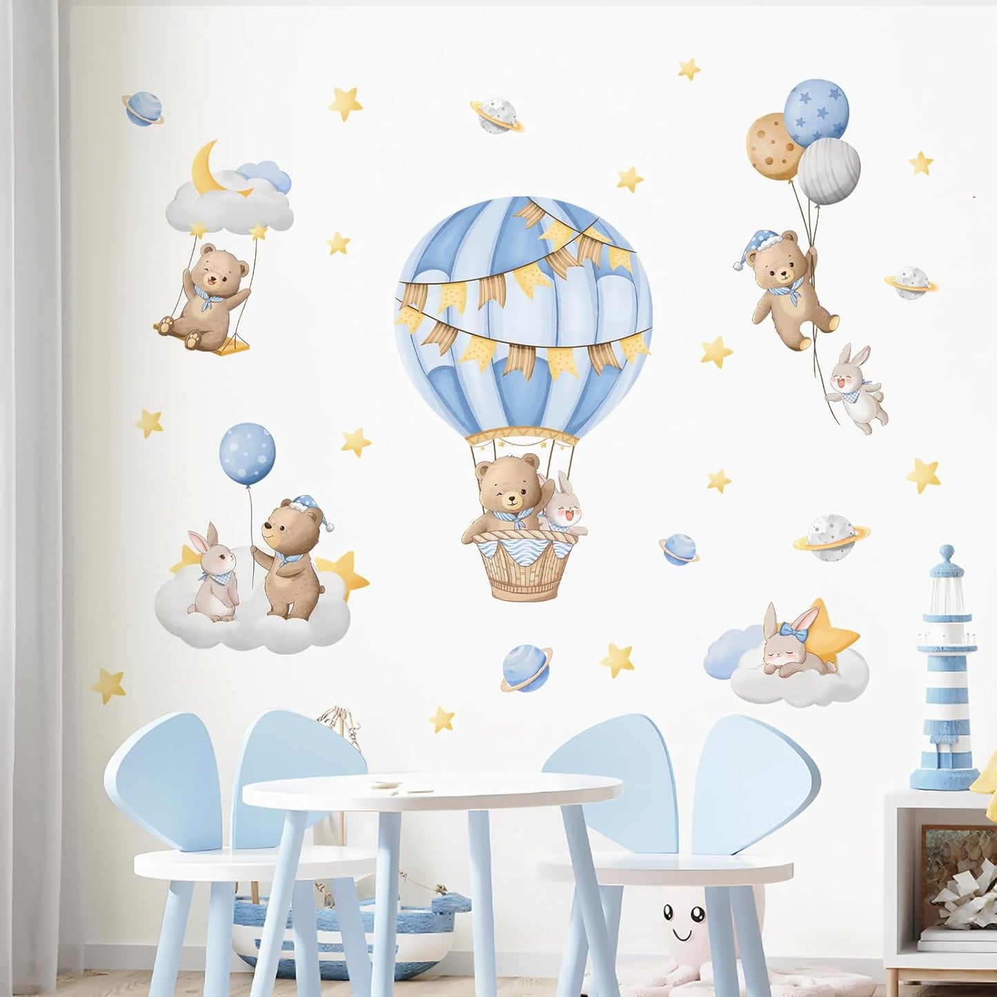 Tanlaby Blue Hot Air Balloon Wall Stickers Cartoon Bear Rabbit Stars Planets Wall Decals Peel and Stick Art Decor for Nursery Kids Bedroom Playroom Daycare Classroom