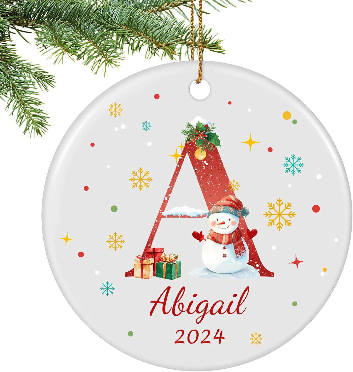 Name Ornaments for Christmas Tree, Custom Initial Monogram Snowman Ceramic Ornament for Kids Boys Girls, Monogrammed Christmas Ornaments 2025