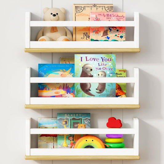 Upgraded Floating Nursery Book Shelves for Wall, White and Natural Kids Bookshelf Wall Mounted, Wood Baby Toddler Children Hanging Bookshelves for Kids Room Bedroom - Set of 3