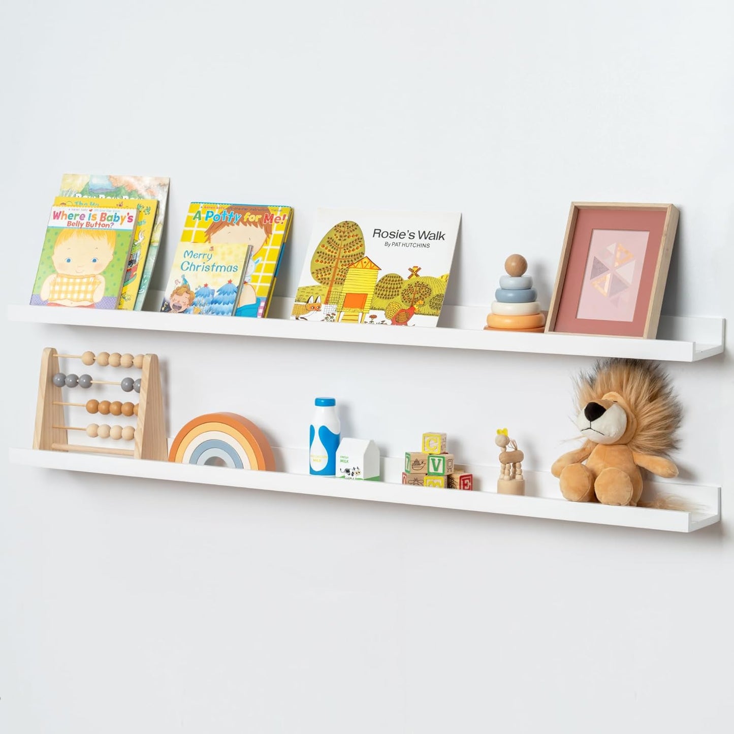 Picture Ledge Shelf for Wall, 48 inch Solid Pine Wood Nursery Book Shelves 2 Packs, Floating Ledge Shelves for Kids' Room Bedroom Bathroom Living Room Photo Frames Office Nursey Wall Decor, White