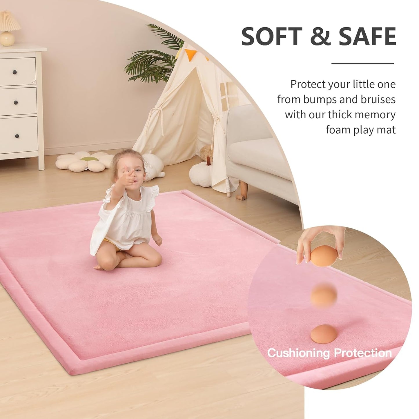 Baby Play Mat for Floor,1.3" Thick Memory foam Tummy Time Mat for Toddlers,Infants,kids,Water-Repellent Soft Nursery Rug ,79"×79" Extra Large Non Slip for Crawling&Yoga,Tatami Style for Living Room(Pink)