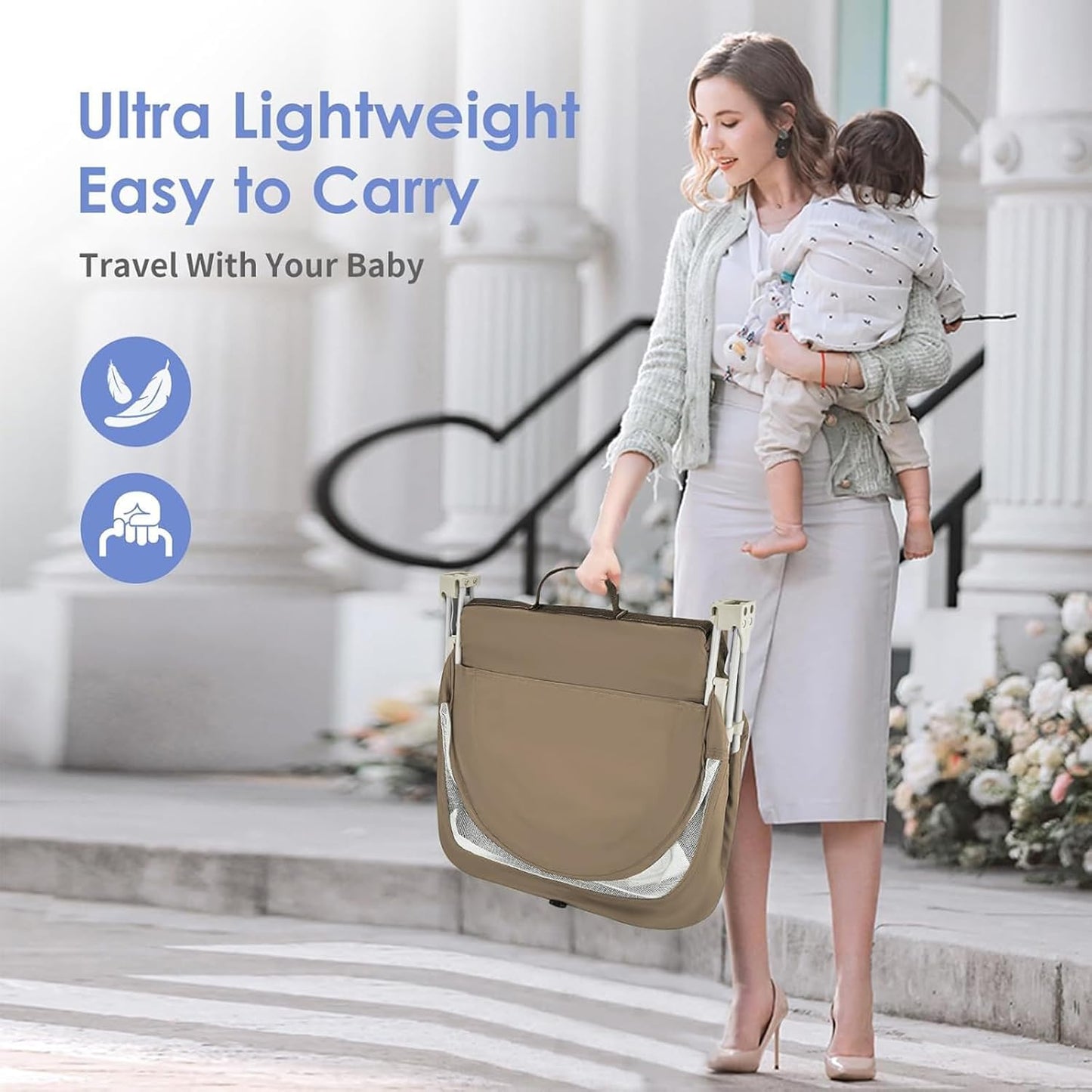 Portable Baby Bassinet Travel Baby Bed, Baby Cribs Travel Pod for Outdoors Baby Lounger Infant Travel Bed with Mosquito Net and Sunshade Canopy, Lightweight Washable