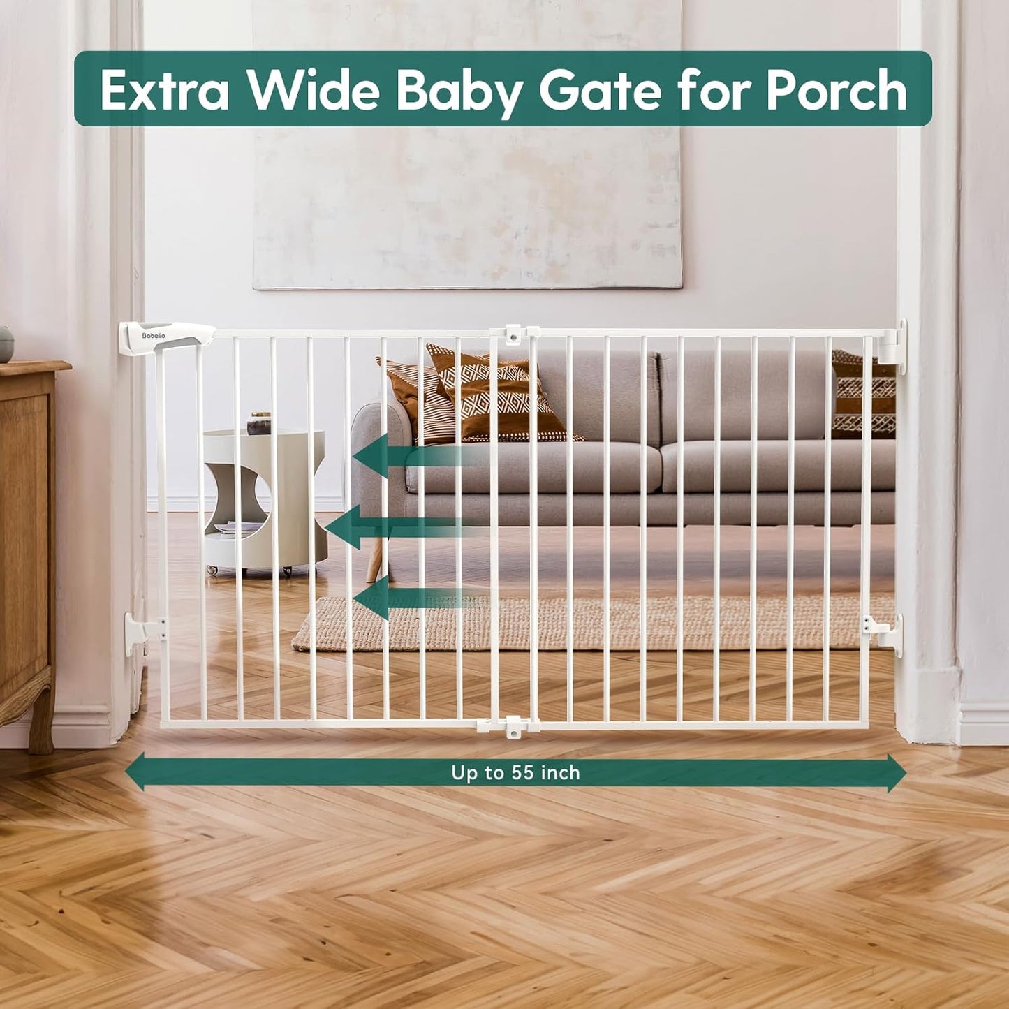 Babelio 31.5-55" No Bottom Bar Baby Gate Extra Wide, 2-in-1 Auto Close Dog Gate for The House, Stairs and Doorways, with Large Walk Thru Door, White