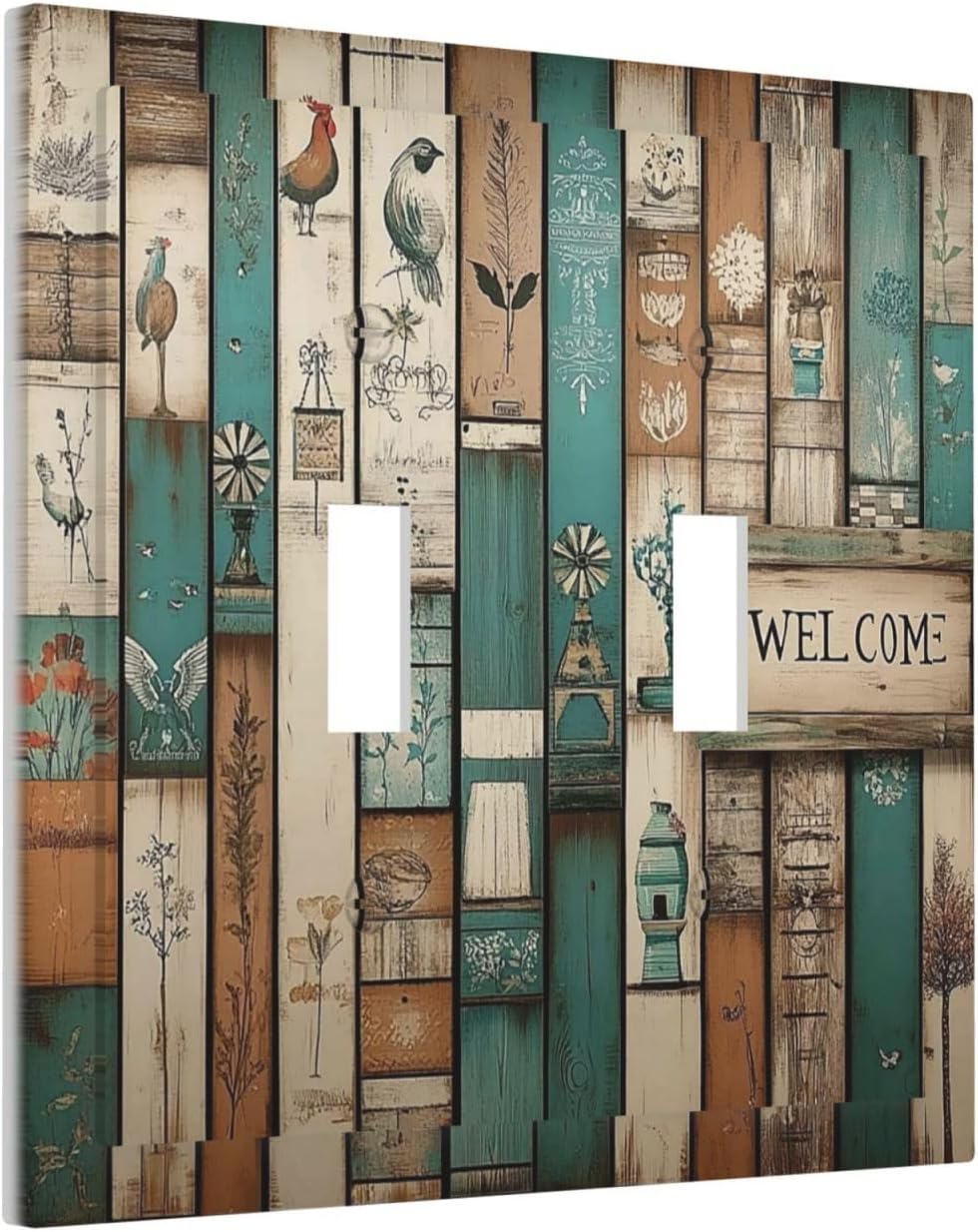 Decorative Switch Plates Vintage Wood Brown Turquoise Splicing 2 Gang Double Toggle Outlet Light Switch Cover Wall Plate Electrical Faceplate For Farmhouse Cabin Decor