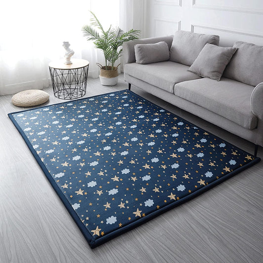 Loartee Coral Velvet Area Rug - 1" Thick Memory Foam Baby Play Mat, Washable Toddler Carpet, Home Decor for Living Room, Nursery, Kids Bedroom, Starry Blue, 6'7"x6'7"