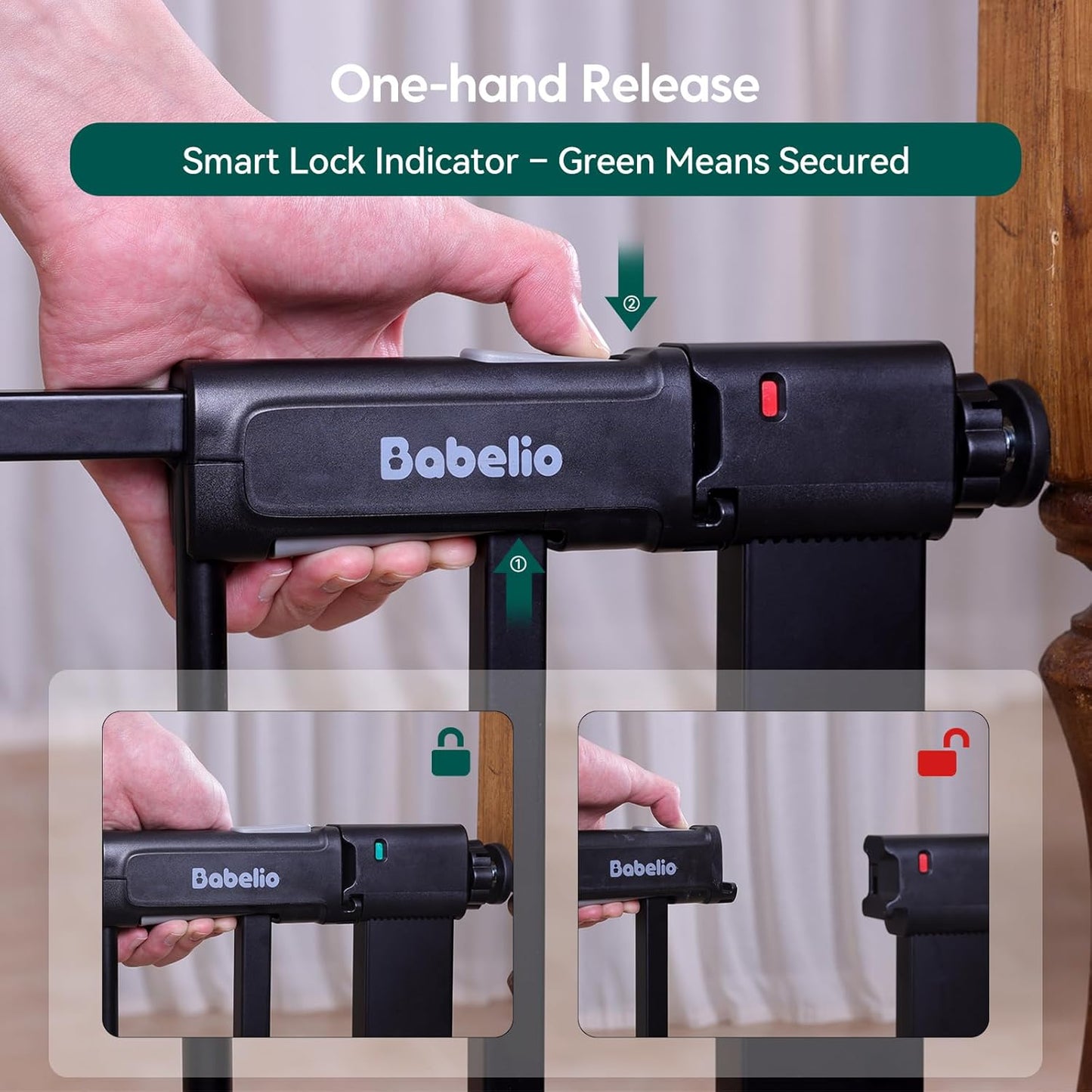 BABELIO Baby Gate for Doorways and Stairs, 36-41" Pet Gate with Wide Walk Thru Door and Lock Indicator, No Drill Pressure Mounted Safety Gate with Double Lock and Self-Closing, Black