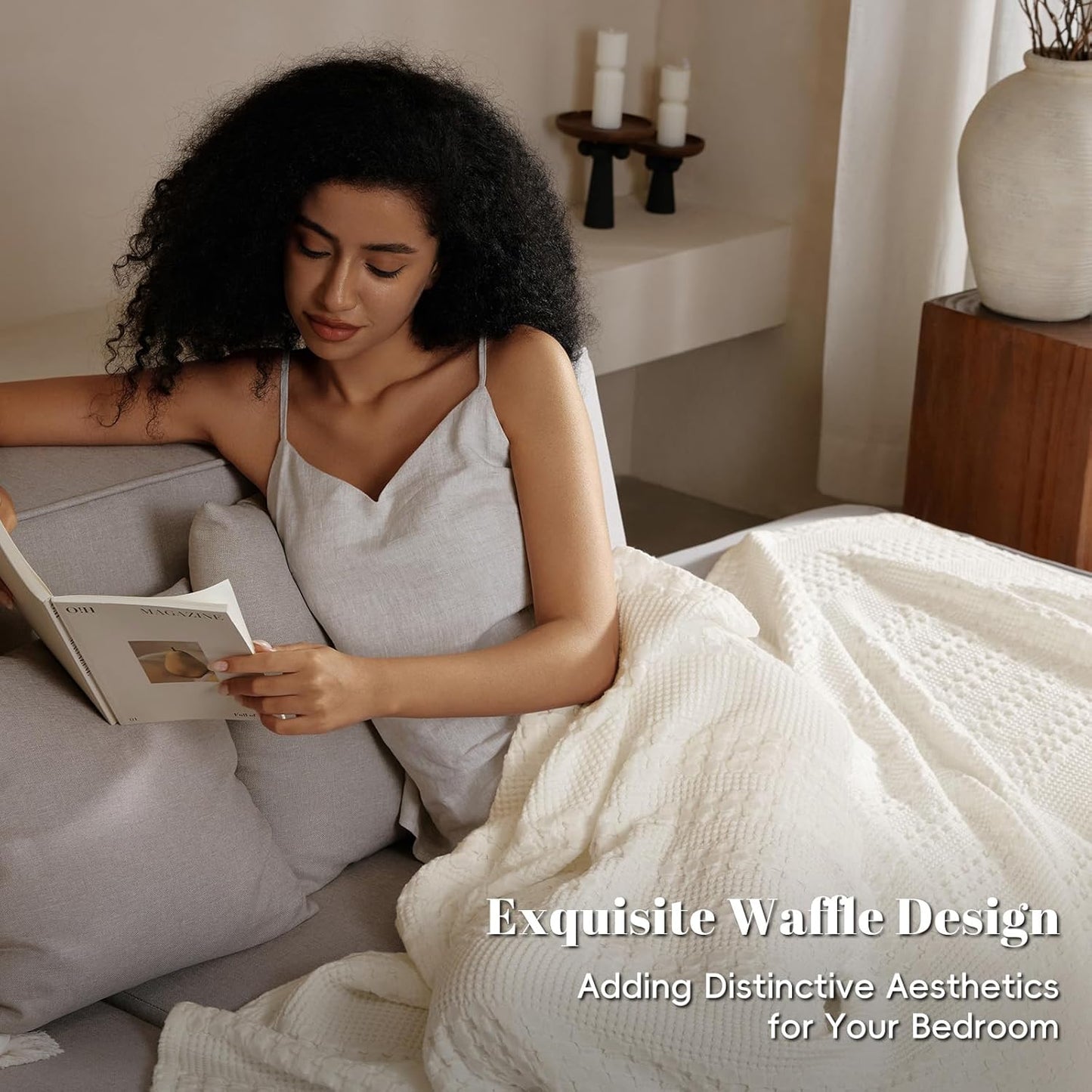 PHF 100% Cotton Waffle Weave Blanket King Size, Soft Lightweight Breathable Cozy Summer Blankets for Bed, Luxury Aesthetic Woven Bedding for Home Decor, 108"x90", Ivory