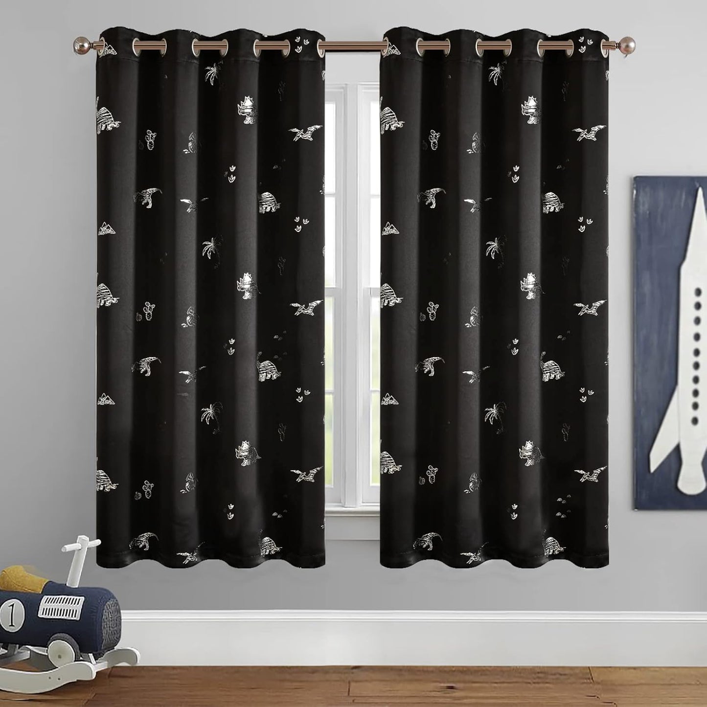 Vangao Kids Curtains Black Blackout Dinosaur Curtains for Boys Kids Nursery Girls Room Silver Dino Foil Print Thermal Insulated Drapes Grommet Top Window Treatments 63 Inches Length 2 Panels
