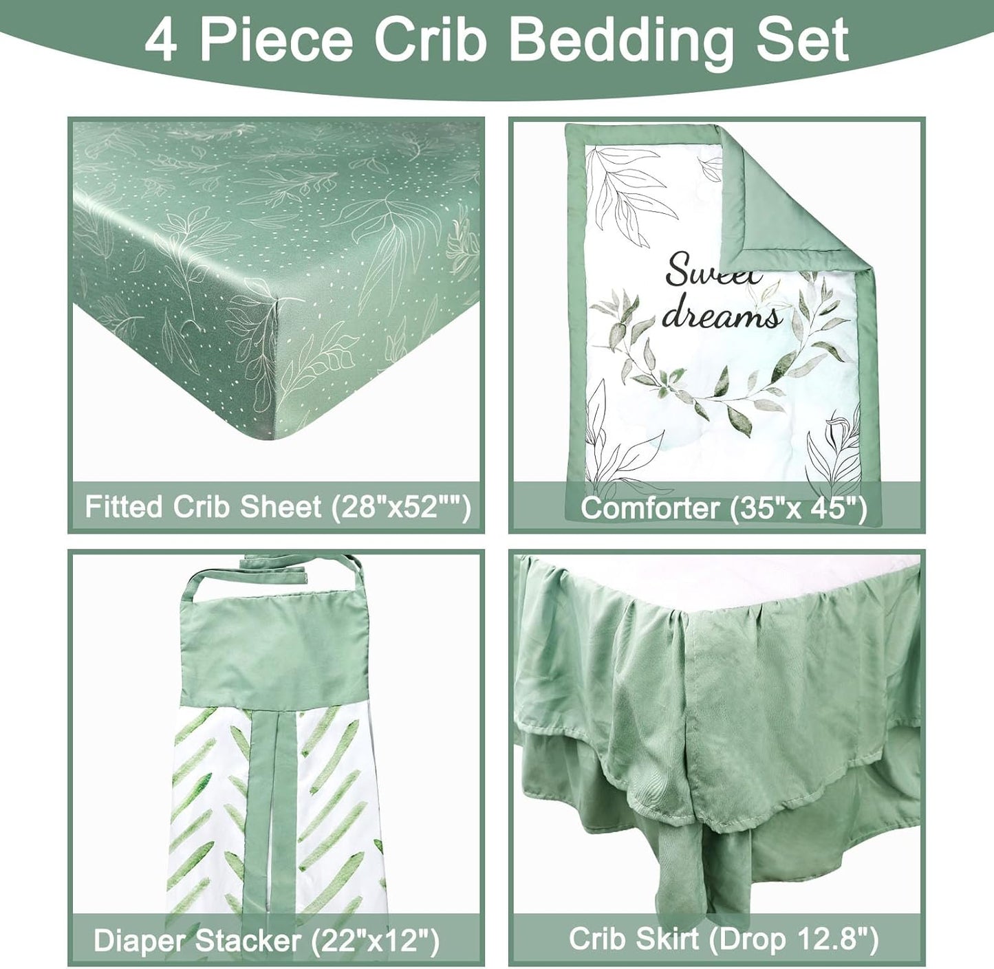 Green Leaf Crib Bedding Set, 4-Piece Baby Boy Bedding Set, Neutral Nursery Bedding Set, Fitted Crib Sheet, Crib Skirt, Baby Quilt, and Diaper Stacker, Sage