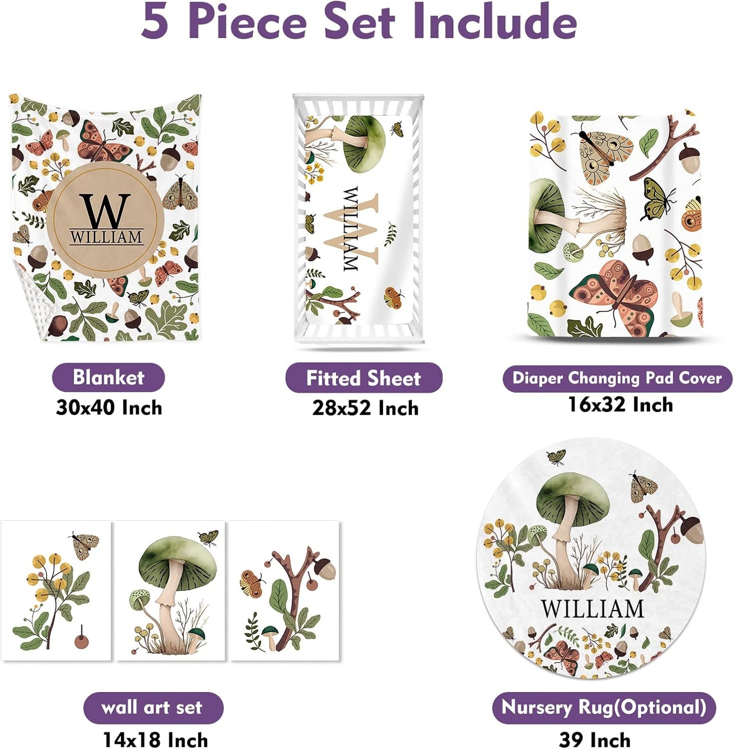 Personalized Baby Crib Bedding Set for Baby Boys Girls, Mushroom Design Custom Name Baby Crib Sets 5-Pcs, Toddler Double Layer Blanket Fitted Sheets Changing Pad Cover Rug Wall Art Set