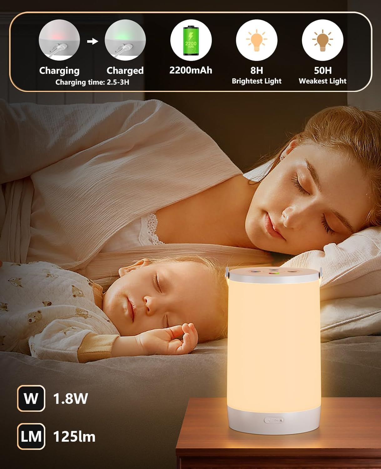 Night Light for Kids, Portable USB Night Lamp with 2200 mAh Battery, Bright Color Changing Light for Nightstand, Small Touch Bedroom Table Lamp for Girls, Boys, Toddler