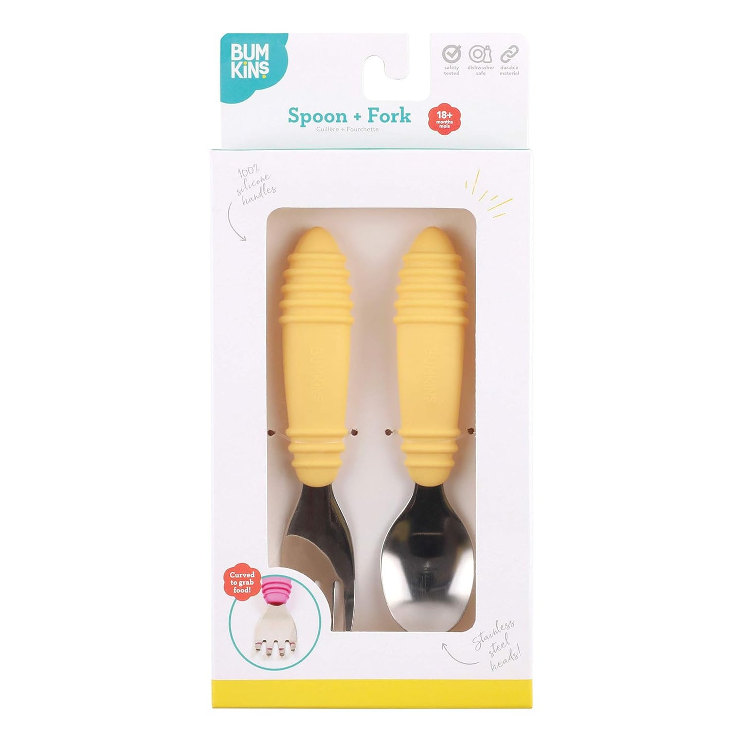 Bumkins Toddler Utensils, Kids Size Fork and Spoon Set, Silicone and Stainless-Steel Training Silverware, Angled Fork / Spork for Self-Feeding, Children Learning to Eat, 18 Mos Up, Pineapple Yellow