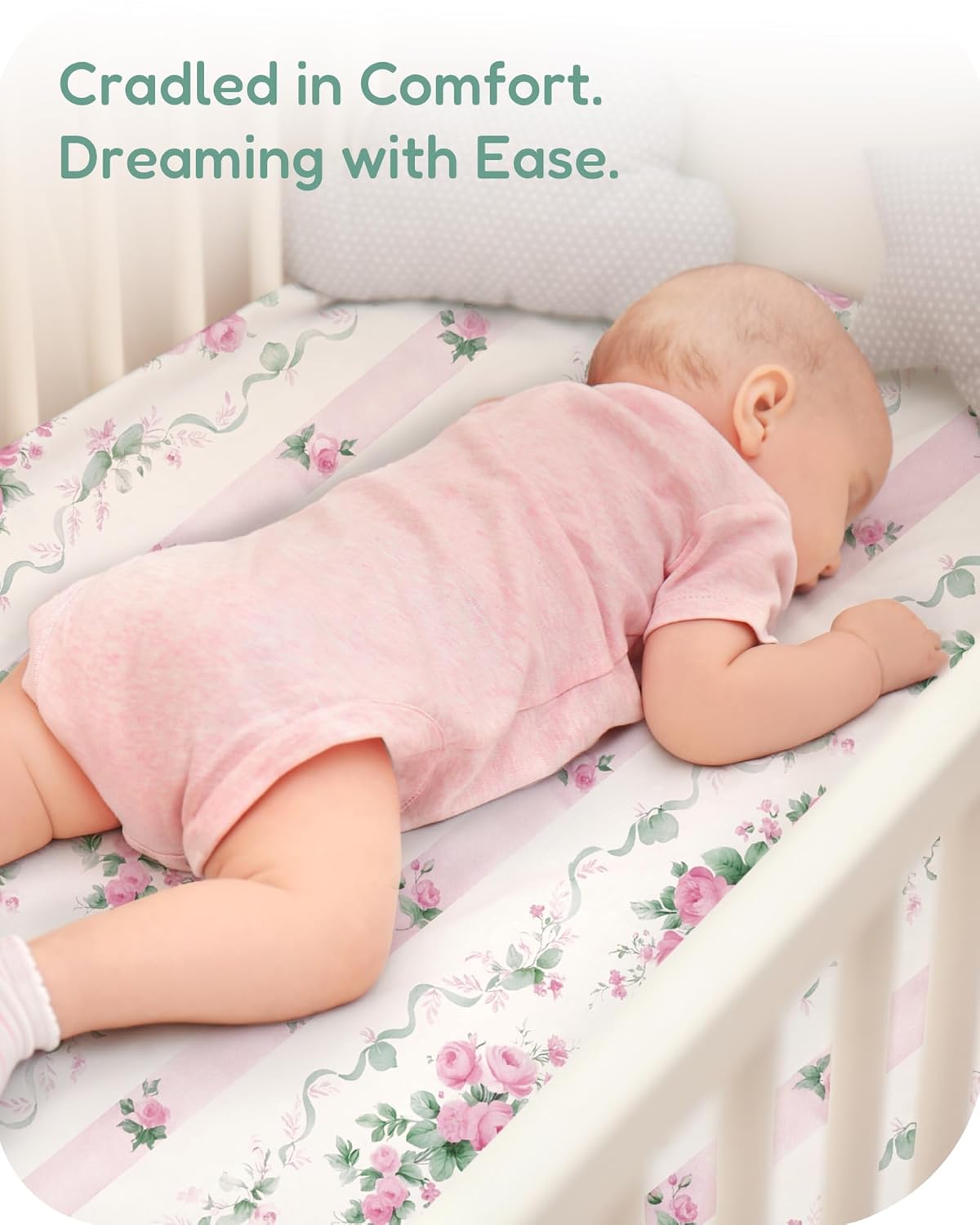 Baby Crib Sheets for Standard Crib Mattress - Pink Roses Pattern, Breathable and Soft, Safe and Snug, Fits 28''x52''x9'' Deep Pocket