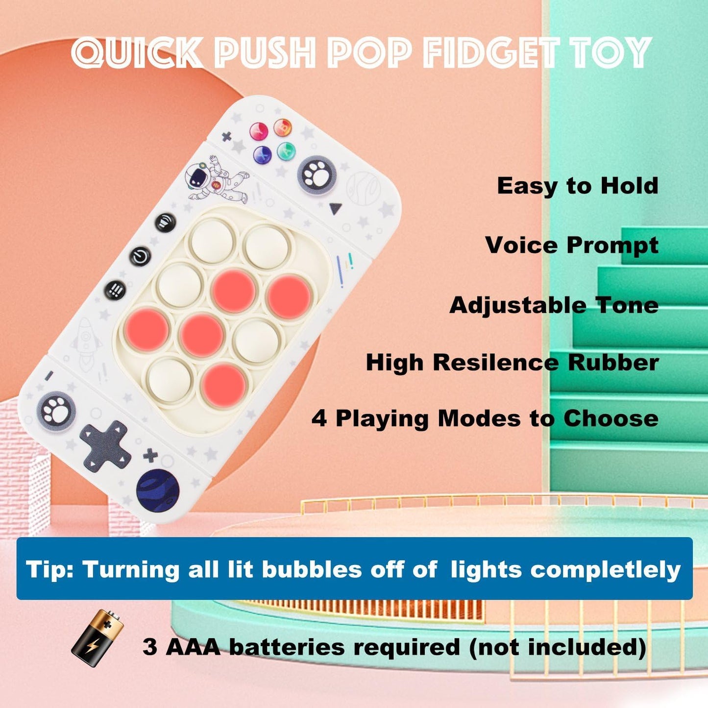 Quick Push Bubbles Pop Fidget Toy It Game, Fast Push Light Up Pop Interactive Sensory Toy, Fast Push Button Game for Kids Adult, Stress Relief Handheld Game Present Toy for 3 4 5 6 7 Years Boy Girl