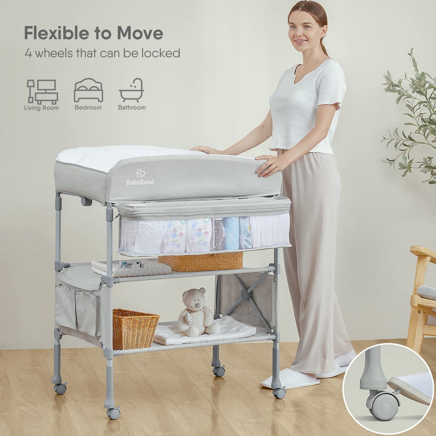 BabyBond Portable Baby Changing Table, Foldable Diaper Changing Table Dresser Waterproof Height Adjustable Changing Station for Infant and Newborn(Beige)