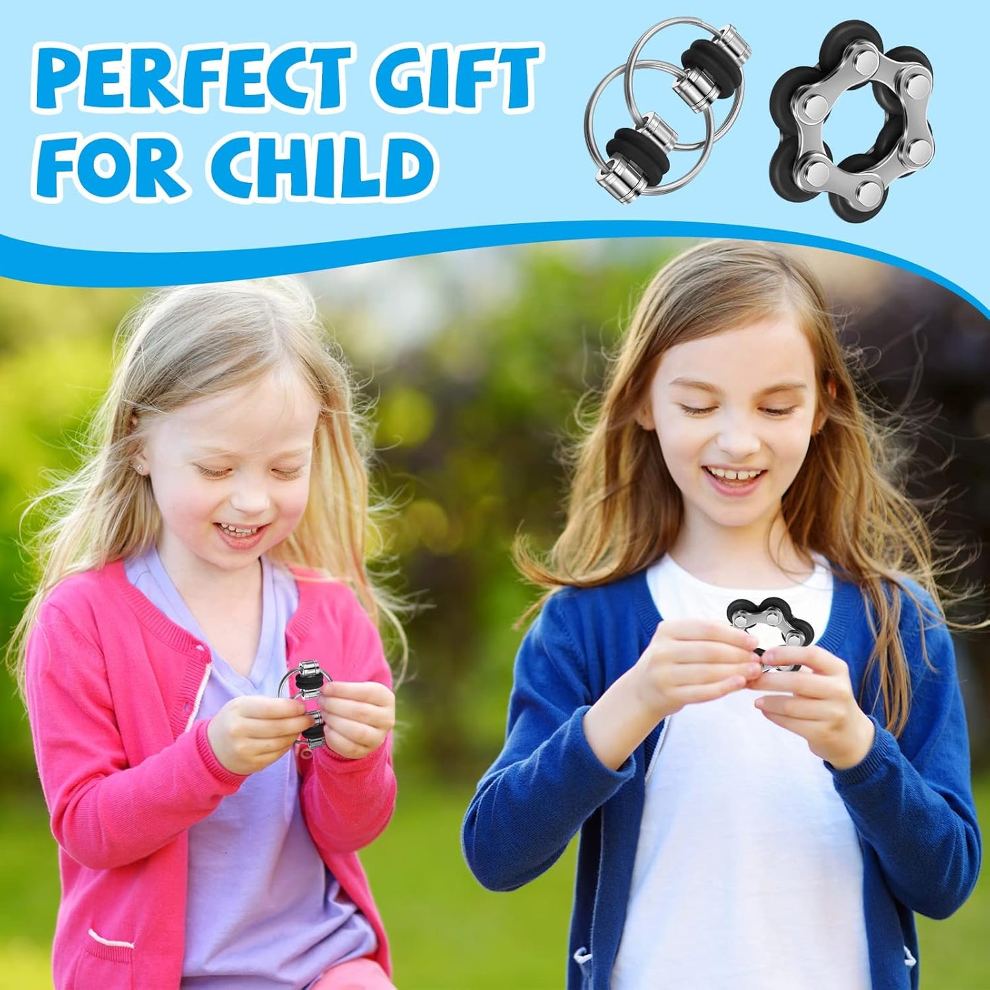 CHENGU 16 Pcs Fidget Toys Set Include 8 Six Roller Chain and 8 Key Flippy Chain Stress Reducer Bike Chain Toys Anxiety Relief Bike Chain for Teens Adults ADHD, Add, Autism (Black)