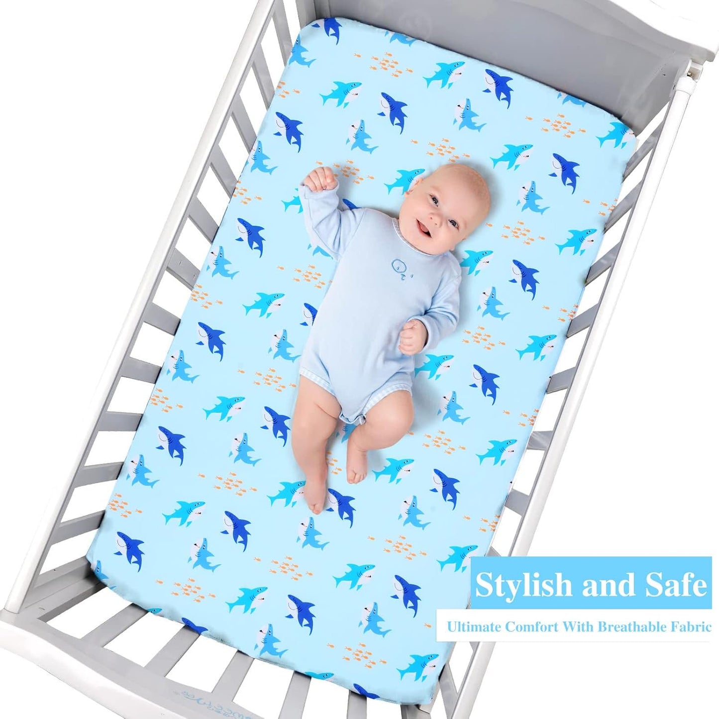 UOMNY Crib Sheet for Baby Boys Shark Fitted Crib Sheets for Standard Crib and Toddler Mattresses Ocean Crib Mattress Sheets for Daycare 52 x 28 Blue
