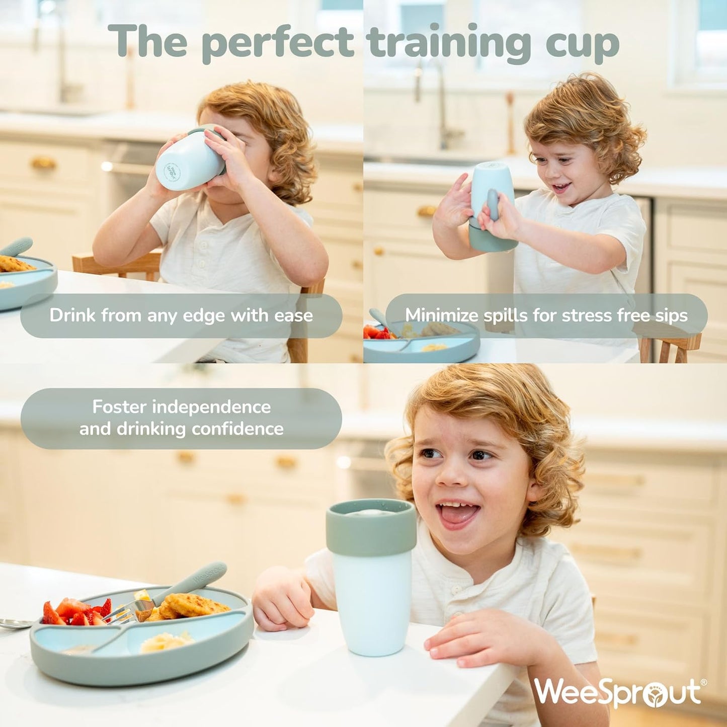 WeeSprout Baby Training Cup - Silicone Sippy Cup with Removable Handles for Weaning Off Bottle - Transition Spill-Proof Toddler Cups - No-Spill Design (Sky/Matte Green/Light Gray)
