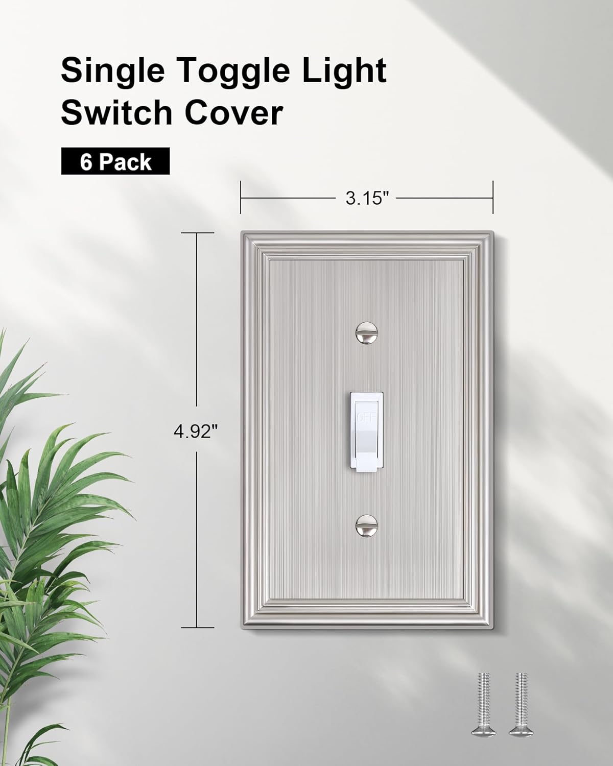 6-Pack Single Toggle Light Switch Cover Plate, Durable Solid Zinc Alloy Decorative Switch Plate Covers, Brushed Nickel 1 Gang Wall Plate, Corrosion Resistant