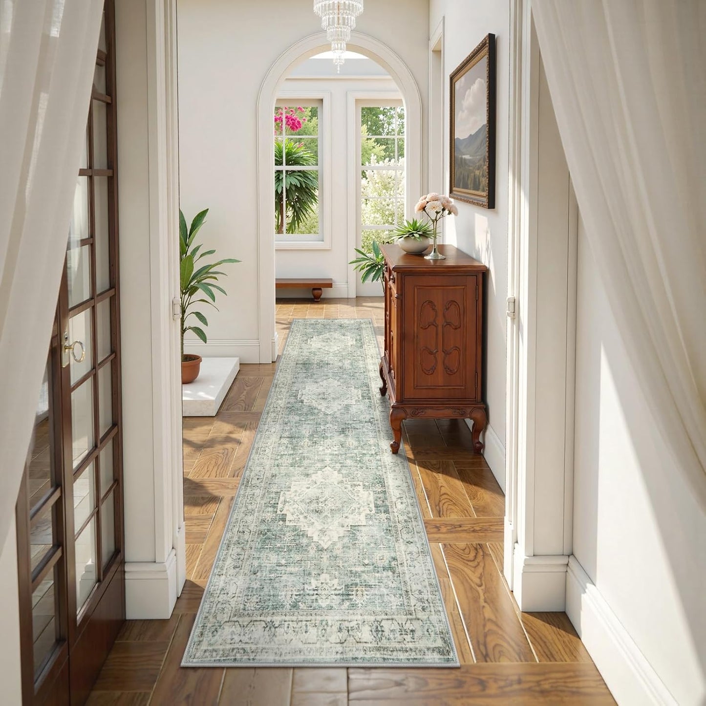 LIVEBOX Washable 2x8 Runner Rug for Bathroom, Non Slip Kitchen Mats for Floor Entryway, Boho Indoor Front Door Mat Low-Pile Runners for Hallways, Farmhouse Rugs for Laundry, Sage Green