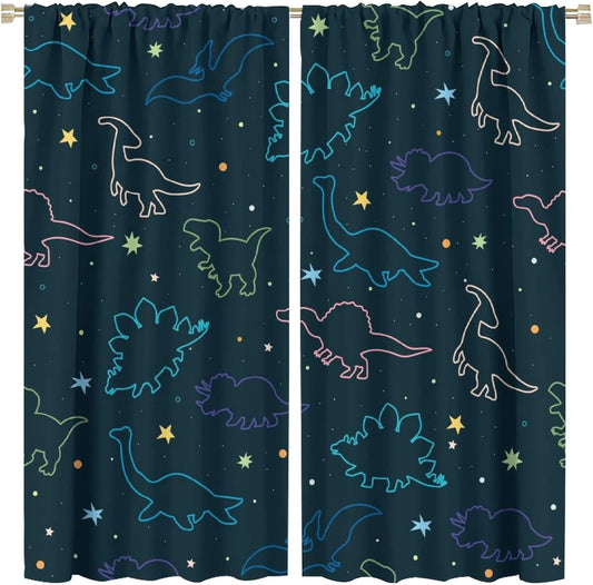 Cartoon Colorful Dinosaur Curtains for Kids Boys Girls Home Decor, Astronaut Funny Outer Space Star Blackout Rod Pocket Window Drapes for Bedroom Living Room W42xL84in 2 Panels