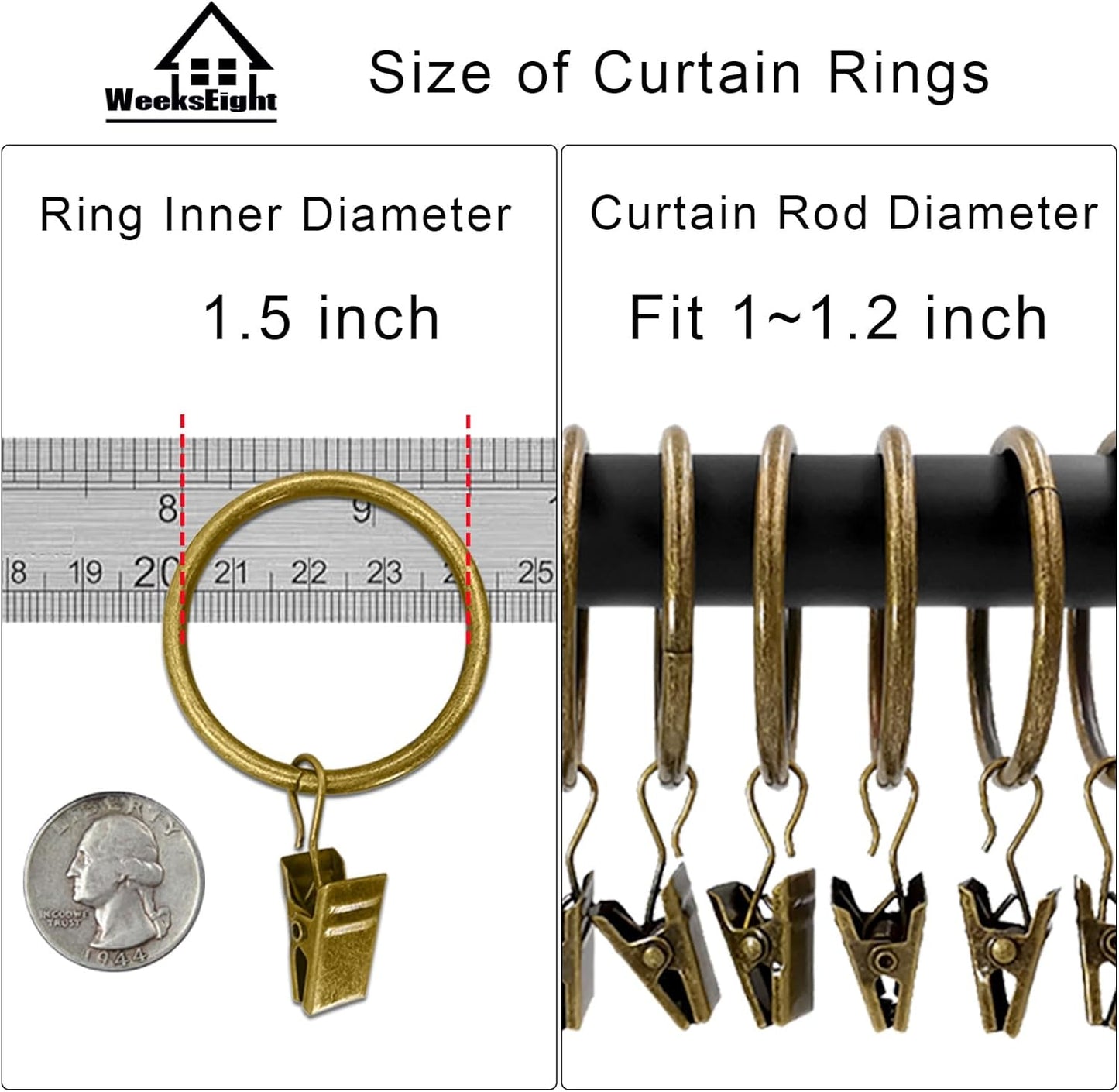 100 Pack Bronze Curtain Rings with Clips, Curtain Hooks Hangers Clip Rings for Hanging Drapes Bows Hat, Drapery Rings 1.5 in I D, Fits up to 1.2 in Diameter Curtain Rod.