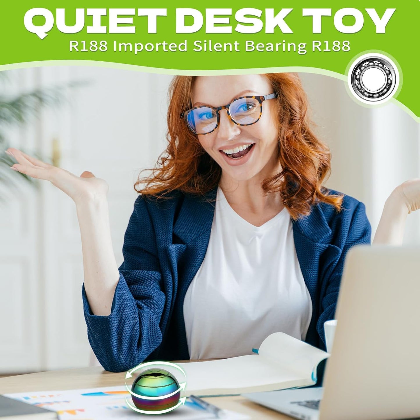 Kinetic Fidget Spinner Lumious Desk Toy for Kids Adults, Cool Optical Illusion Gadget Metal Stress Relief Gyro Ball, Easter Egg Stuffer Birthday Party Gift for Age 3-12 5-16 (Rainbow-Green Light)