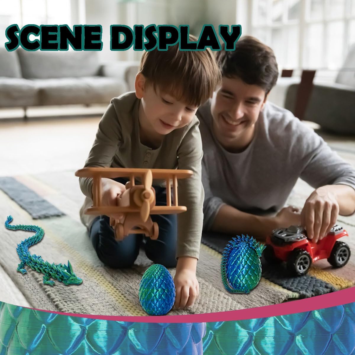 3D Printed Dragon Eggs with Dragon Inside, 12In Laser Blue Green Dragon Egg Fidget Toy, Executive Desk Articulated Dragon Toy, Home Office Decor