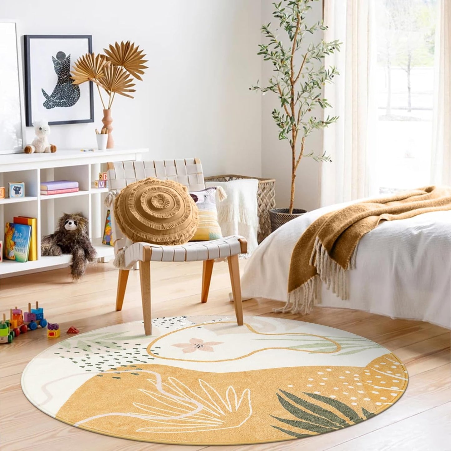 Lahome Boho Round Area Rug 4Ft - Washable Non-Slip Kitchen Rug, Bedroom Carpet, Ultra-Thin Soft Cute Nursery Kids Room Rug, Botanical Print for Dorm Bathroom Classroom Entryway