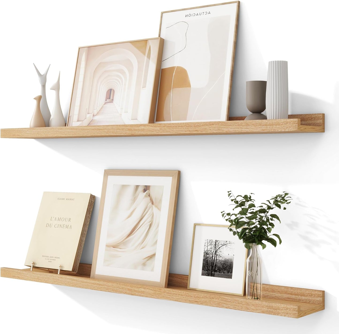 Solid Ash Wood Picture Ledge Shelf, 36 Inch Floating Shelves with Lip Set of 2, Photo Ledge Shelf Nursery Bookshelf Wall Mounted for Living Room Bedroom Decor, Natural