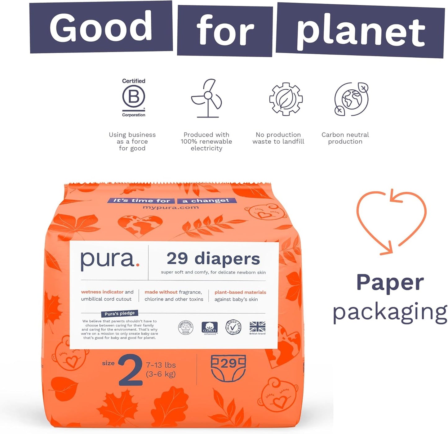 Pura Hypoallergenic Diapers, Size 2 (7-13 lbs) Totally Chlorine Free, Wetness Indicator, Suitable for Sensitive Skin, Soft Organic Cotton Comfort, Overnight, 1 Pack of 29 Baby Diapers