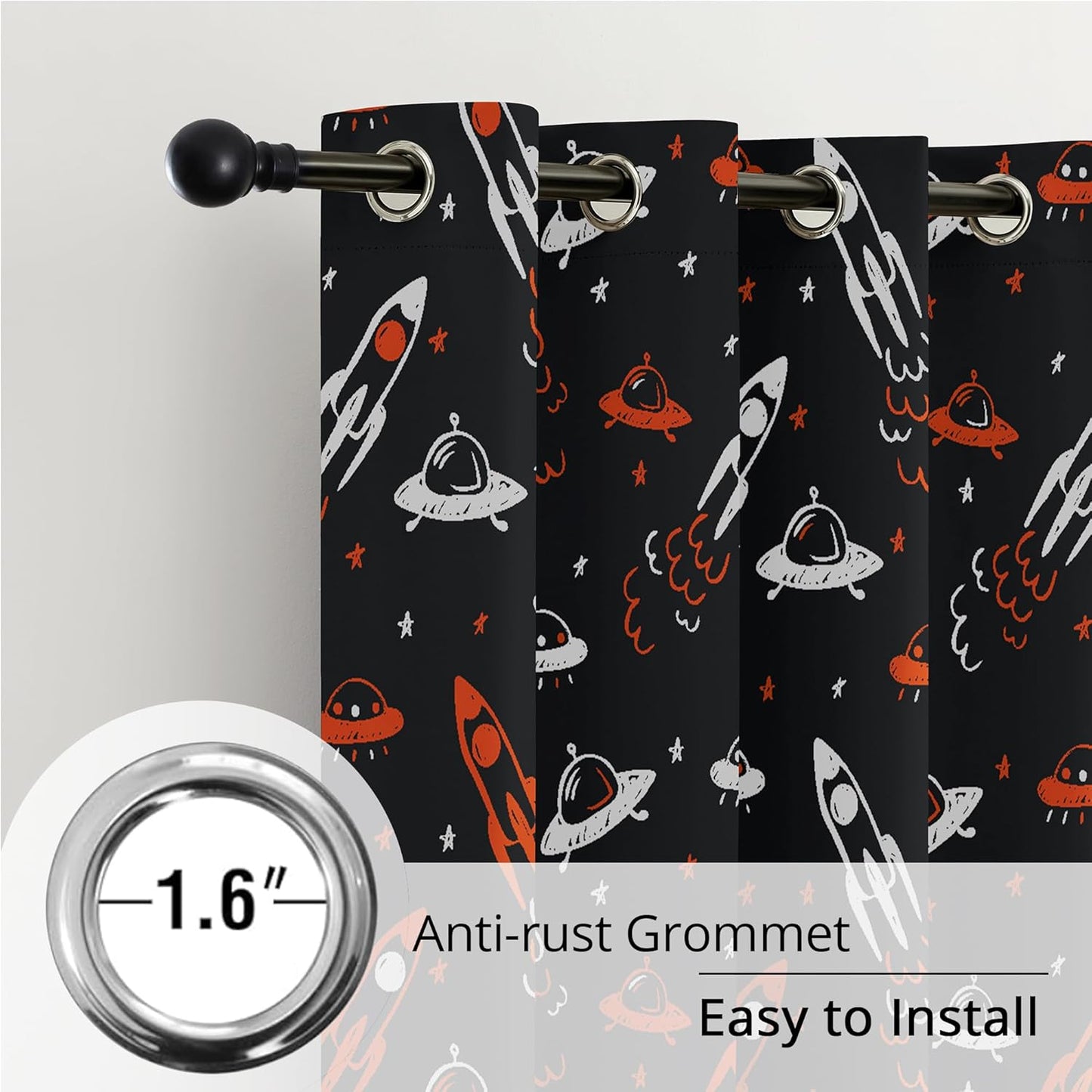 Kids Space UFO and Rocket Blackout Curtains - 100% Blackout, Thermal Insulated, Noise Reducing, Perfect for Kids Room and Nursery, 2 Panels (Starlight Rocket Chase, W52×L63)