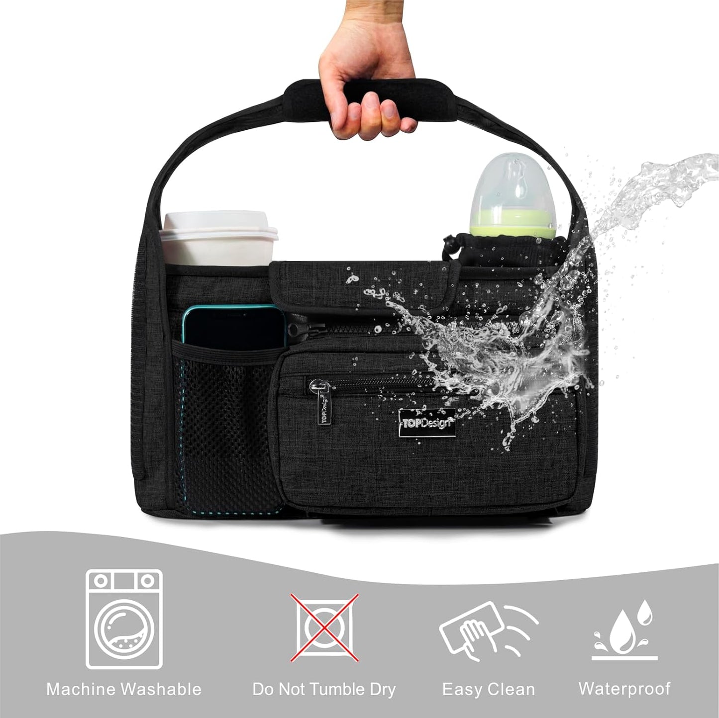 TOPDesign Universal Baby Stroller Organizer, Stroller Caddy with Detachable Mesh Bag & Heightened Insulated Cup Holders & Non-Slip Secure Hooks Accessories, Fits Most Strollers (Red)