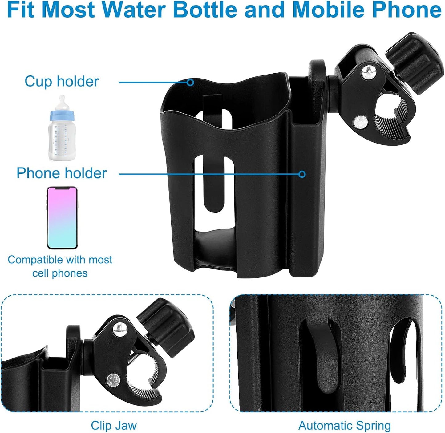Accmor Stroller Cup Holder with Phone Holder, Universal Cup Holder, Bike Cup Holder, 360° Rotatable Large Caliber Drinks Holder for Stroller, Bike, Wheelchair, Walker