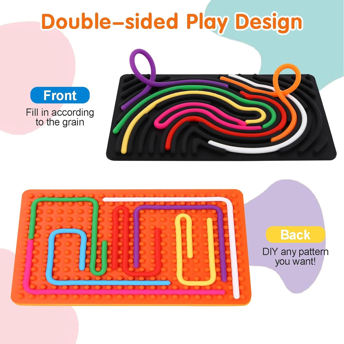 2psc Fidget Toys Sensory Activity Board with 20 Strings, Silicone Sensory Toys for ADHD Autism Stress Relief, Educational Learning Toys for Kids 3+ Years Old, Black & Orange
