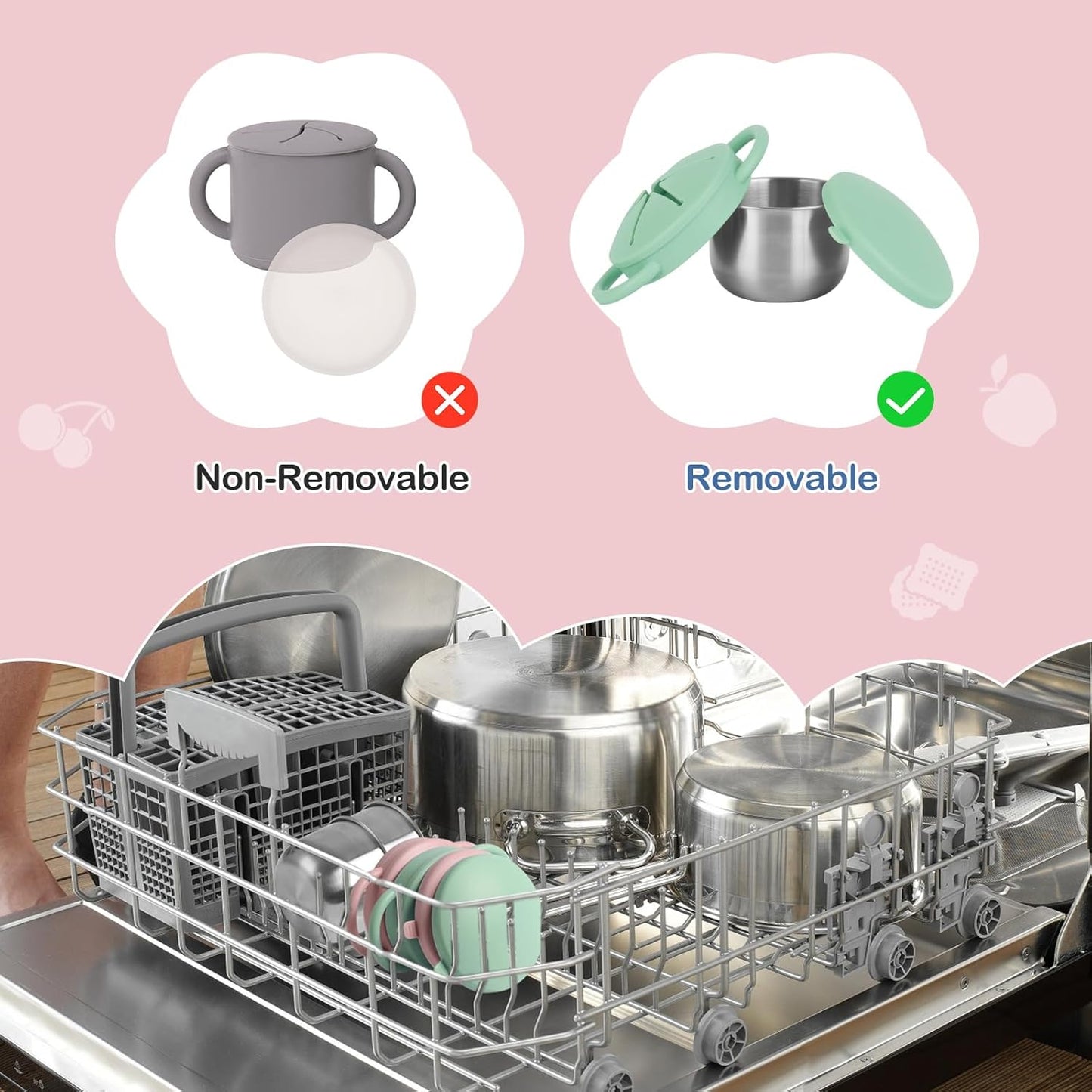 2 Pack Snack Cups for Toddlers Spill Proof - Detachable Stainless Steel Toddler Snack Cups with Silicone Lids & Handles - Dishwasher Safe Baby Snack Containers for Mess-Free Snacking (Green and Pink)