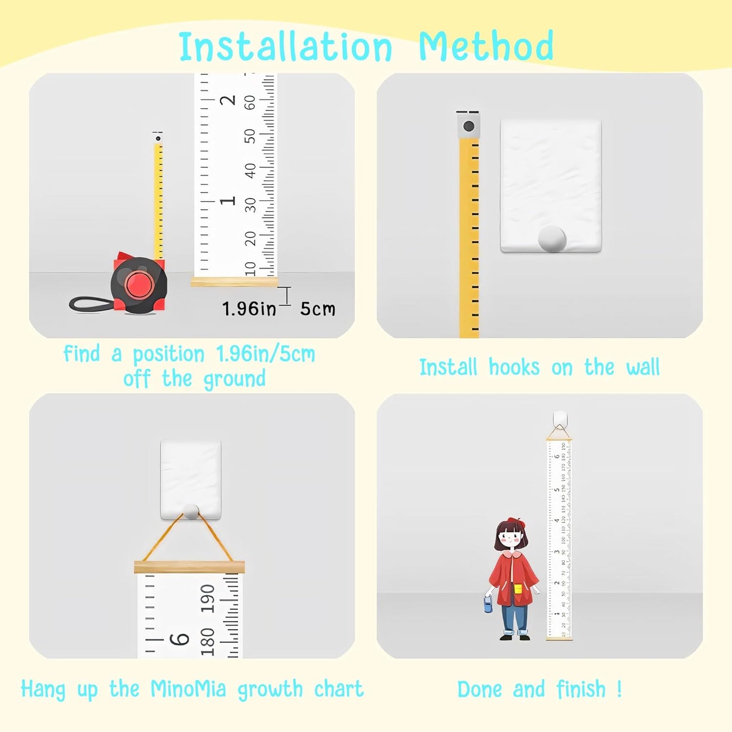Kids Growth Chart, Wood Frame Fabric Canvas Height Measurement Ruler from Baby to Adult for Child's Room Decoration 7.9 x 79in (7.9 x 79in, Giraffe)