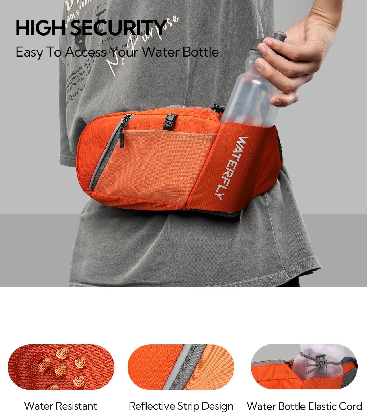 WATERFLY Fanny Pack Waist Bag: Hiking Water Bottle Holder with Strap Waist Pack for Women Men Hydration Hip Packs for Running Walking Traveling-Orange