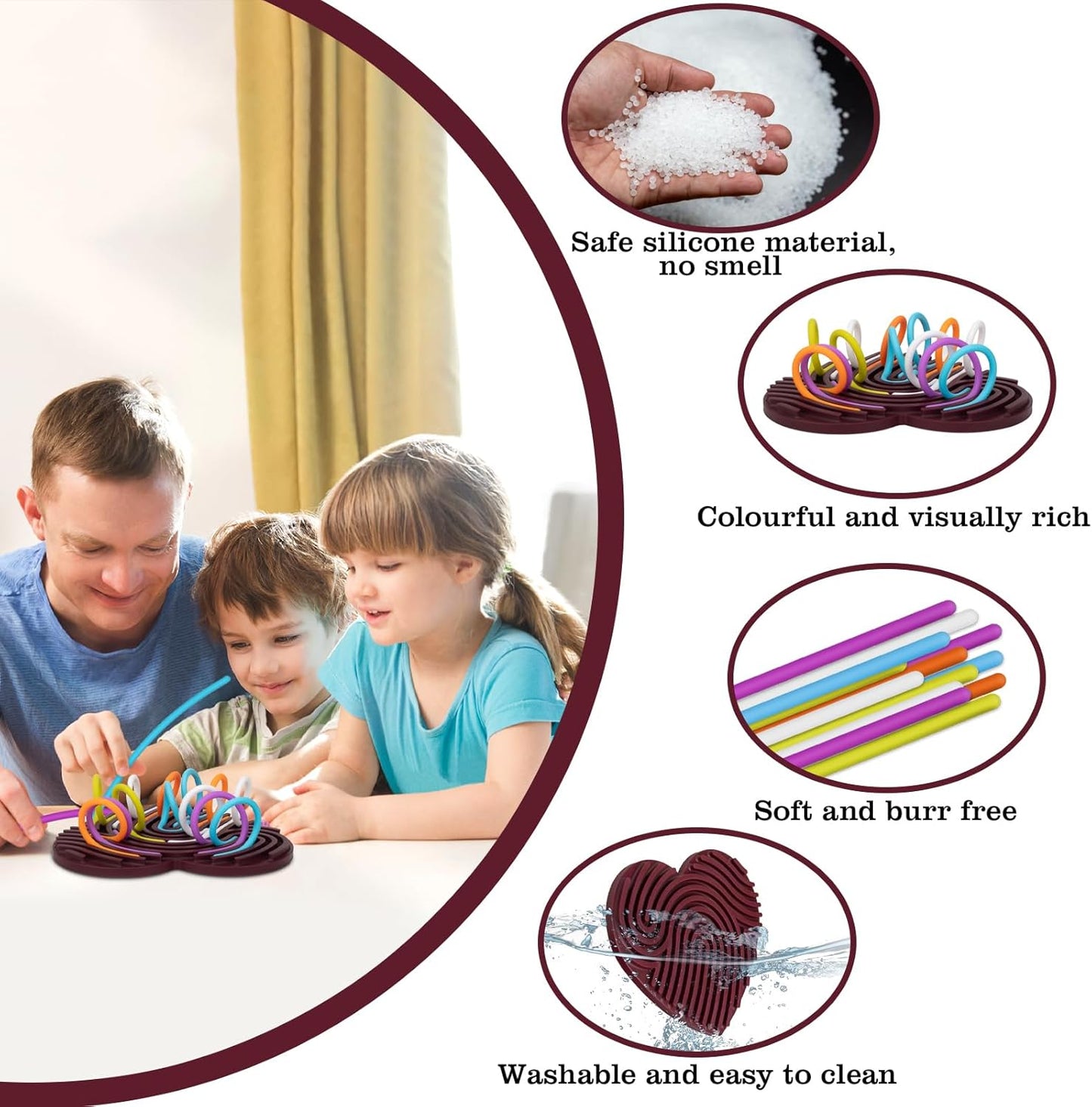 Sensory Activity Board,Fidget Toys for Kids 3+,Silicone Sensory Toys for Calming, Stress, Anxiety, ADHD,Autism,Promotes Focus,with Travel Bag and 13 Strings (Cherry Red, Heart-Shaped)