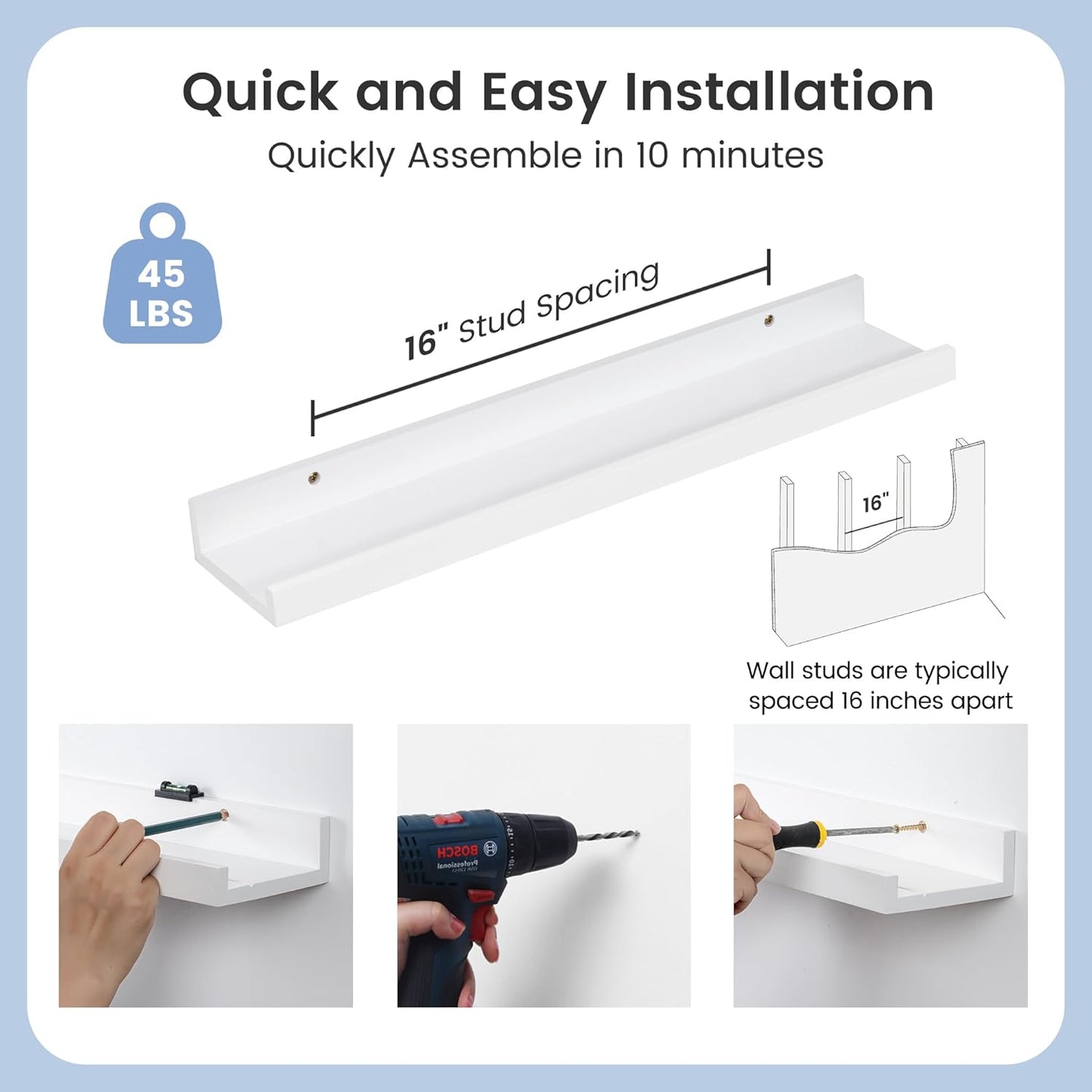 Picture Ledge Shelf for Wall, 24 inch Solid Pine Wood Nursery Book Shelves 2 Packs, Floating Ledge Shelves for Kids' Room Bedroom Bathroom Living Room Photo Frames Office Nursey Wall Decor, White