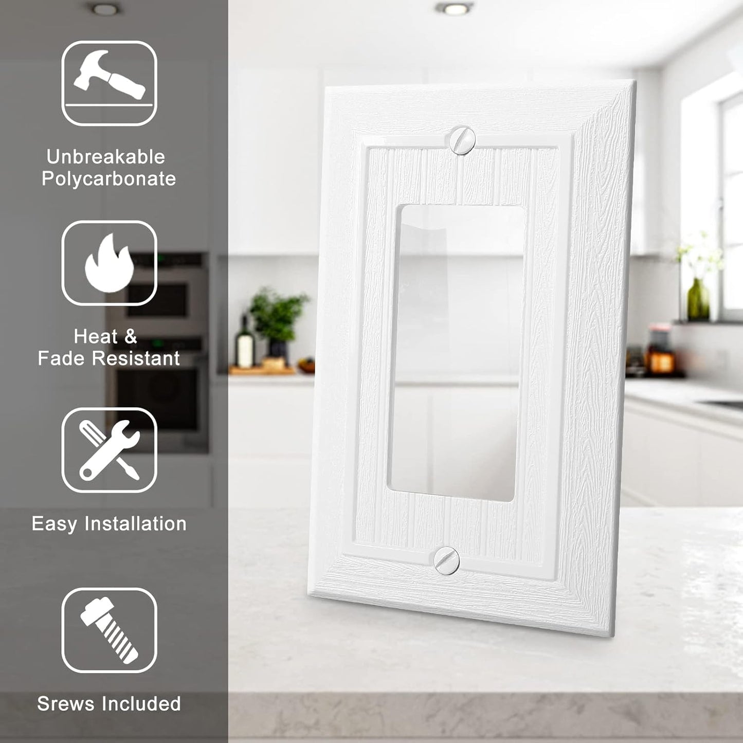 Modern Decorative Wall Plate Switch Plate Outlet Cover, Vintage Retro Wood Grain Design(Single Decorator-10 Pack, White)