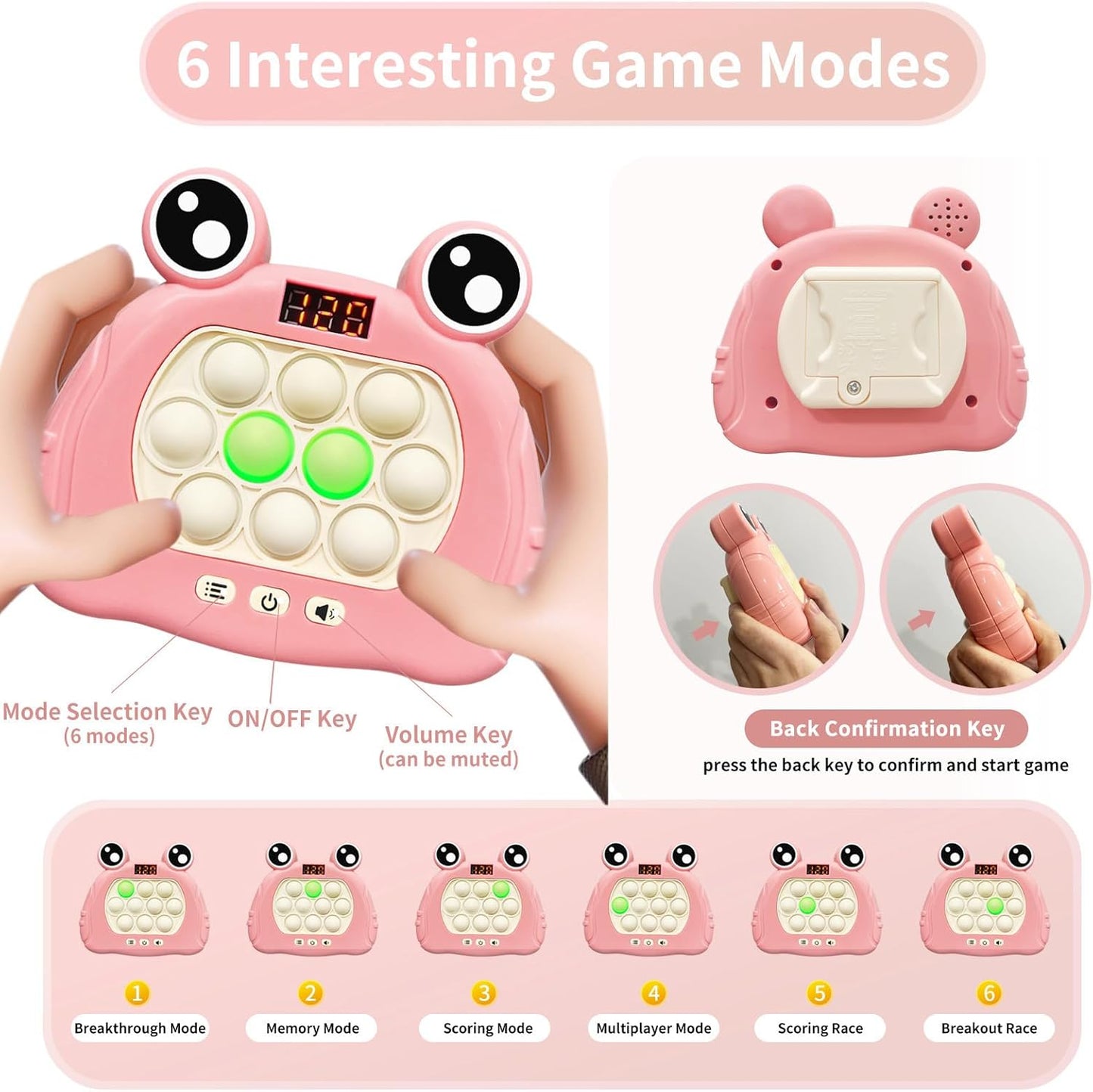 Pop Quick Push Game Light Up Fidget Toys Handheld Puzzle Press Popping Game Console for Kids Ages 3+ Adult Pink Frog