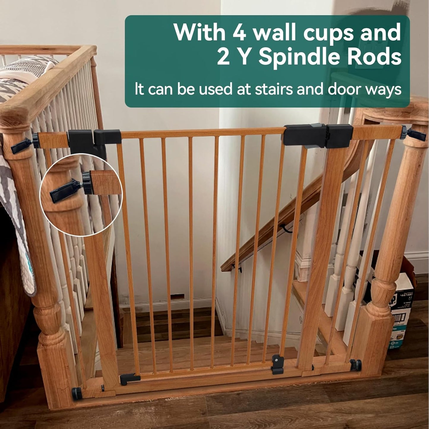 BABELIO 29-40" Metal Baby Gate with Wood Pattern, Auto Close Dog/Pet Door for The House、Stairs and Doorways, Pressure Mounted Barrierr, NO Tools Needed