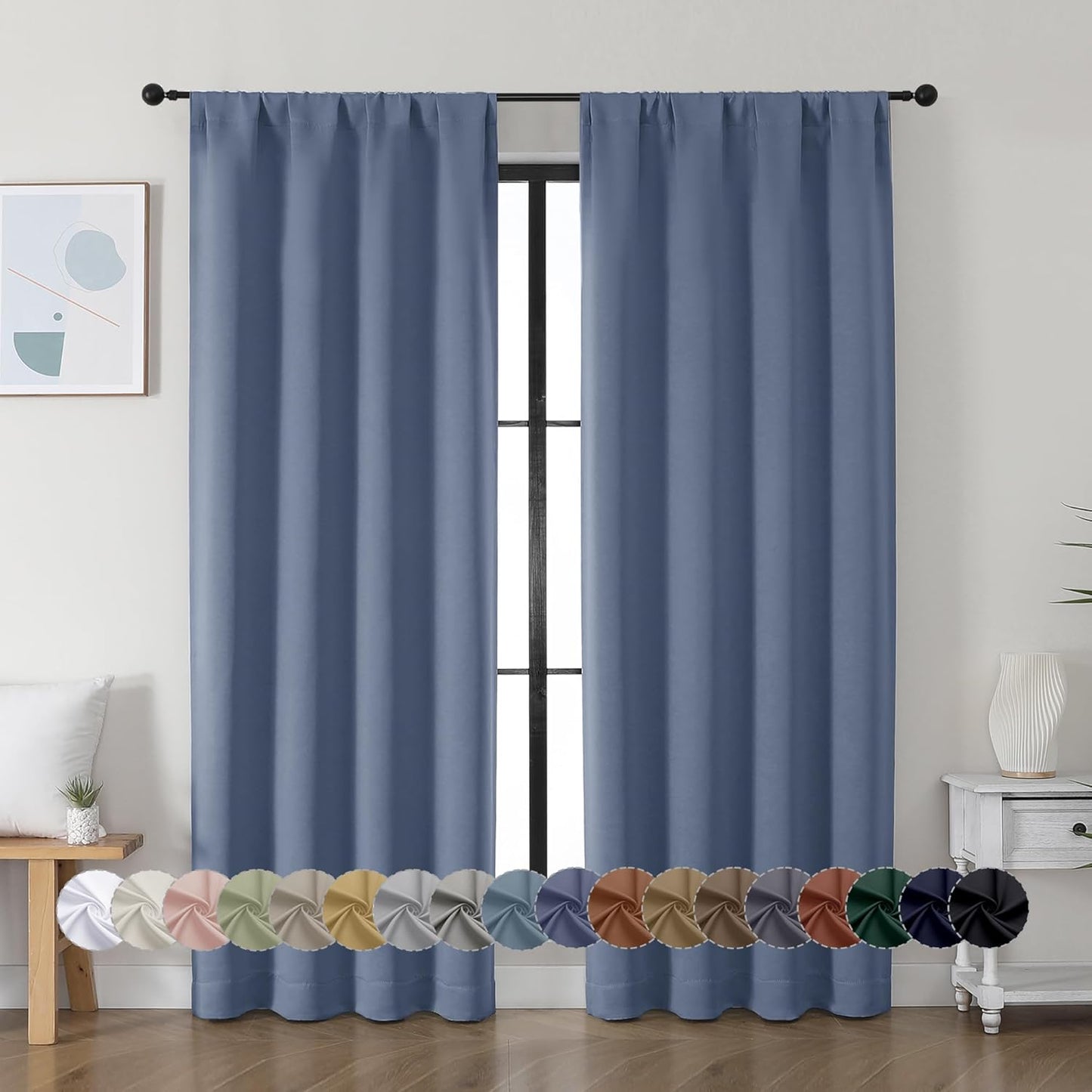Simplebrand Ava Denim Blue Blackout Curtains for Bedroom 72 Inch Length 2 Panels, Privacy Thermal Insulated Rod Pocket Door Window Curtains for Patio French Door Front Door, W40 x L72 Inch, Denim Blue