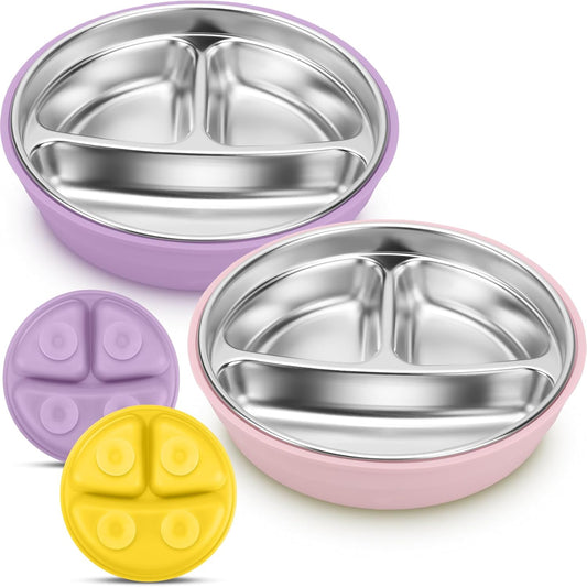 Nuogo 2 Pcs Stainless Steel Baby Suction Plates with Removable Silicone Shell 2-in-1 Metal Toddler Bowl Divided for Picky Eaters Kid Feeding Led Weaning Supply, Dishwasher Safe (Yellow,Purple)