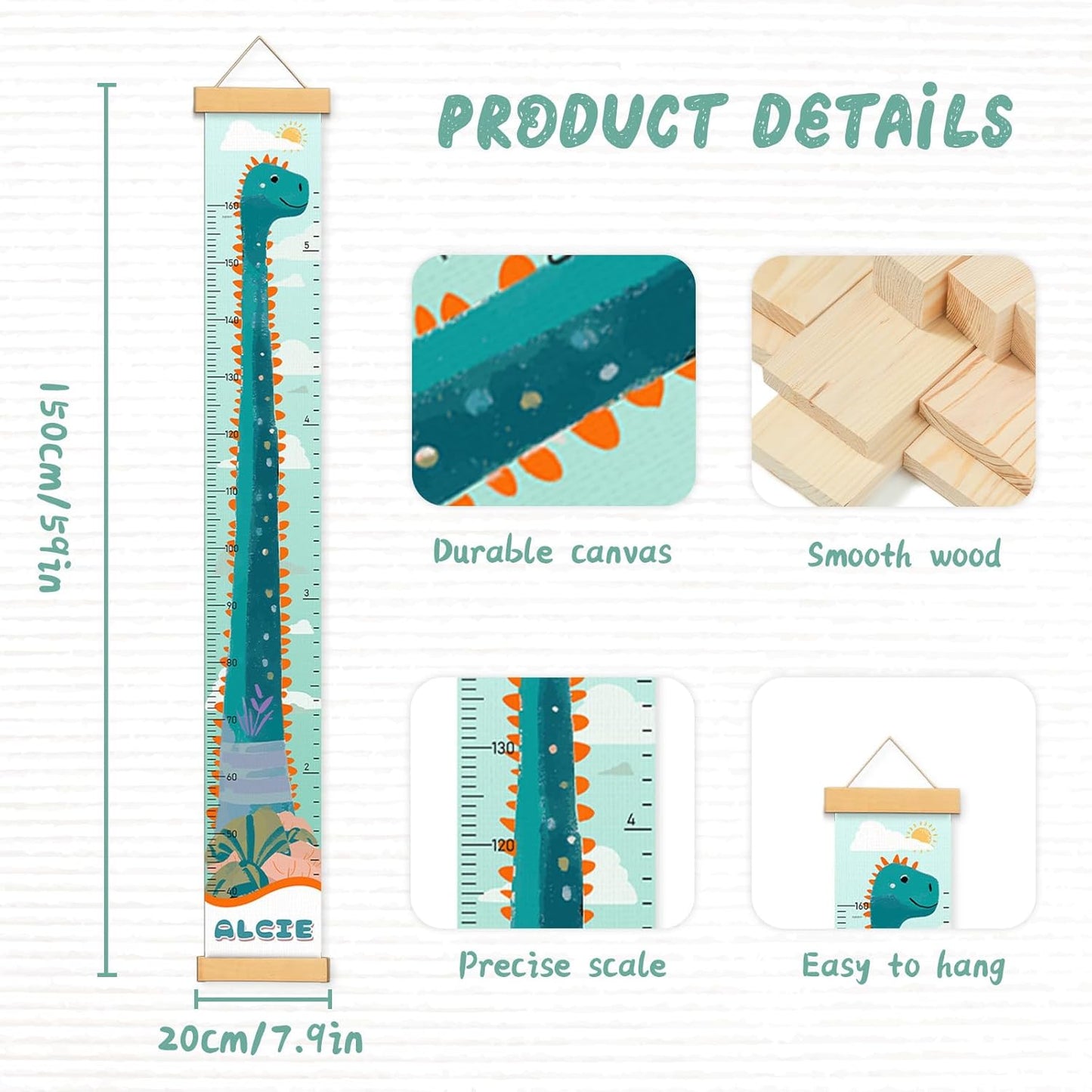 Personalized Name Growth Chart for Kids, Cute Dinosaur Baby Height Chart, Canvas Height Measuring Rulers for Boys Girls, Nursery Decor Baby Boy Girl Growth Ruler Measuring Board